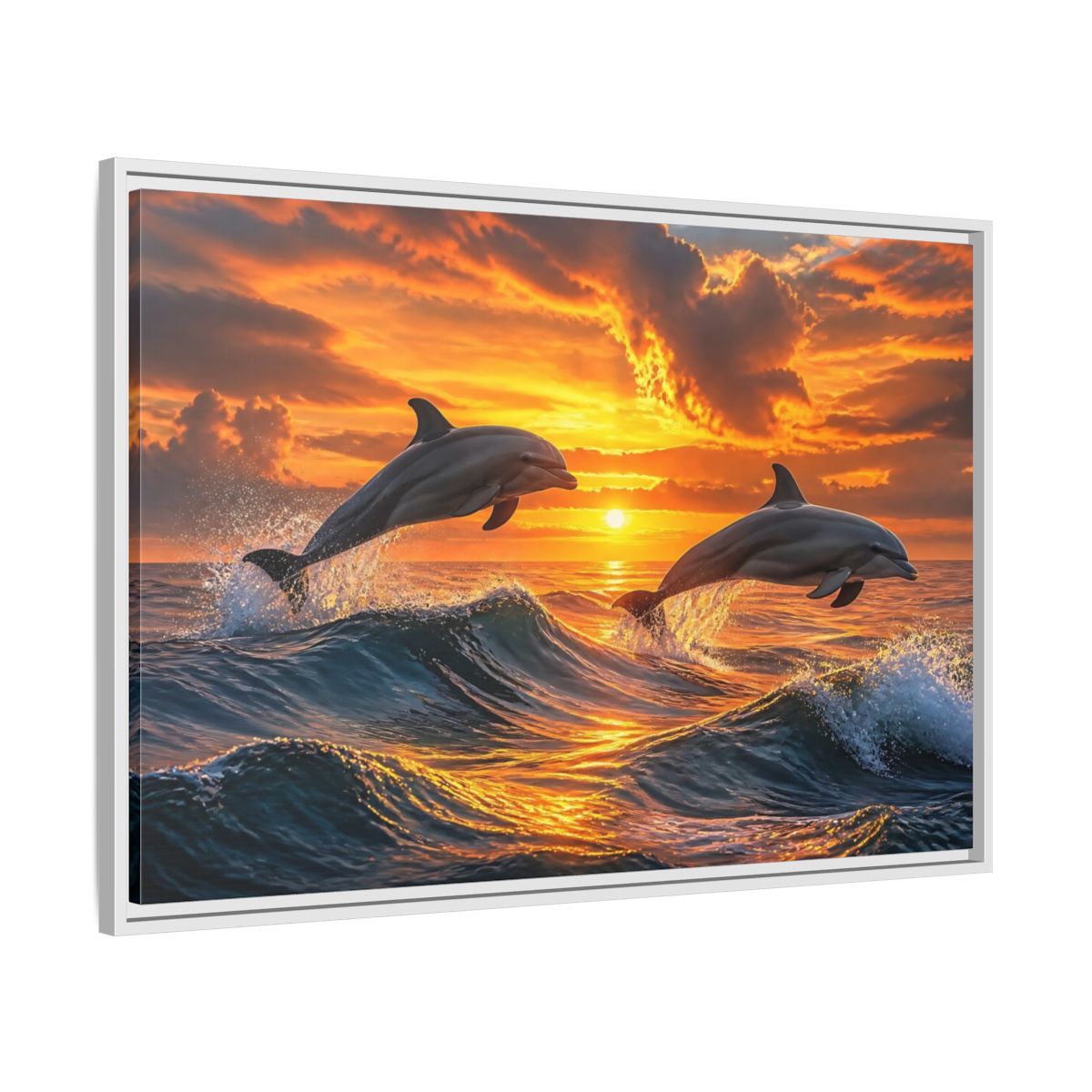 Side Mockup 9. Animals Dolphins Dolphins Sunset shown as stretched canvas wall art