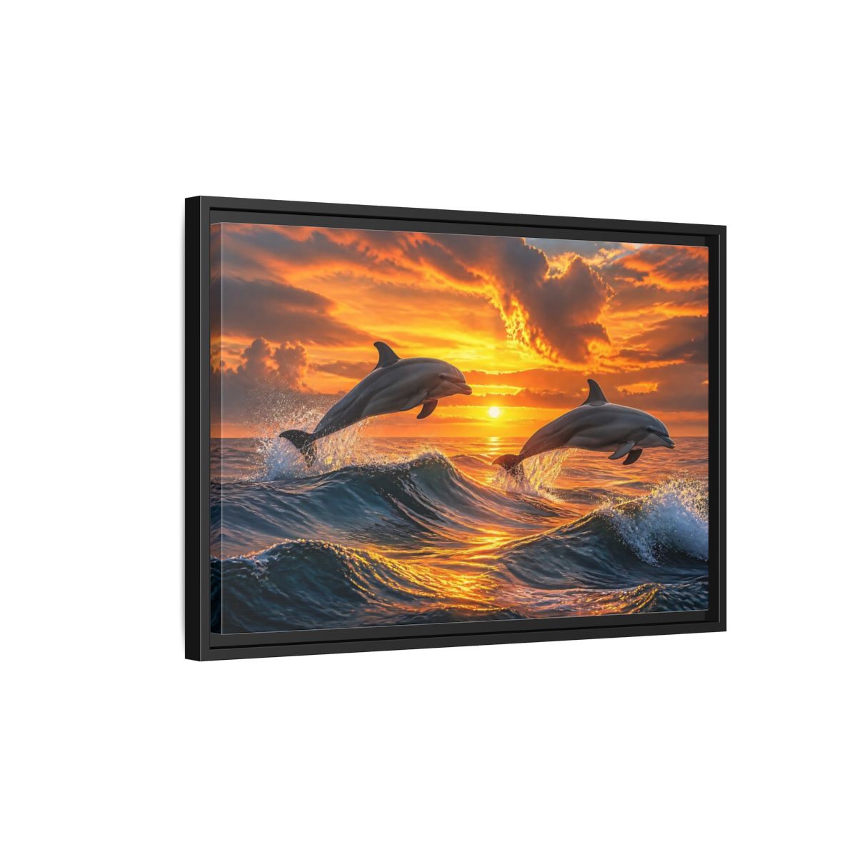 Side Mockup 3. Animals Dolphins Dolphins Sunset shown as stretched canvas wall art