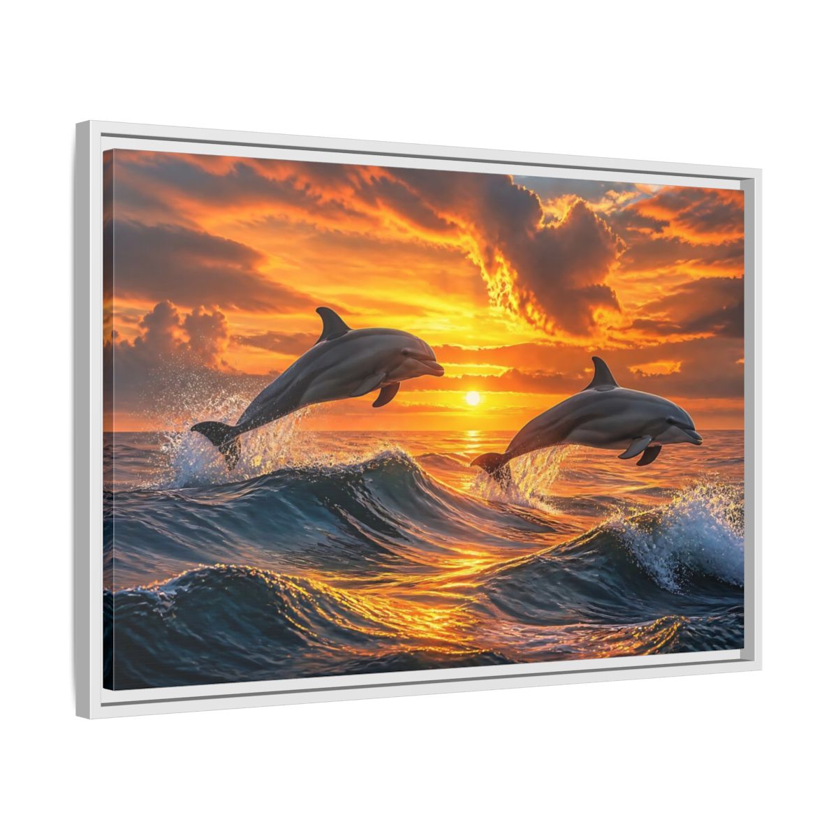 Side Mockup 10. Animals Dolphins Dolphins Sunset shown as stretched canvas wall art