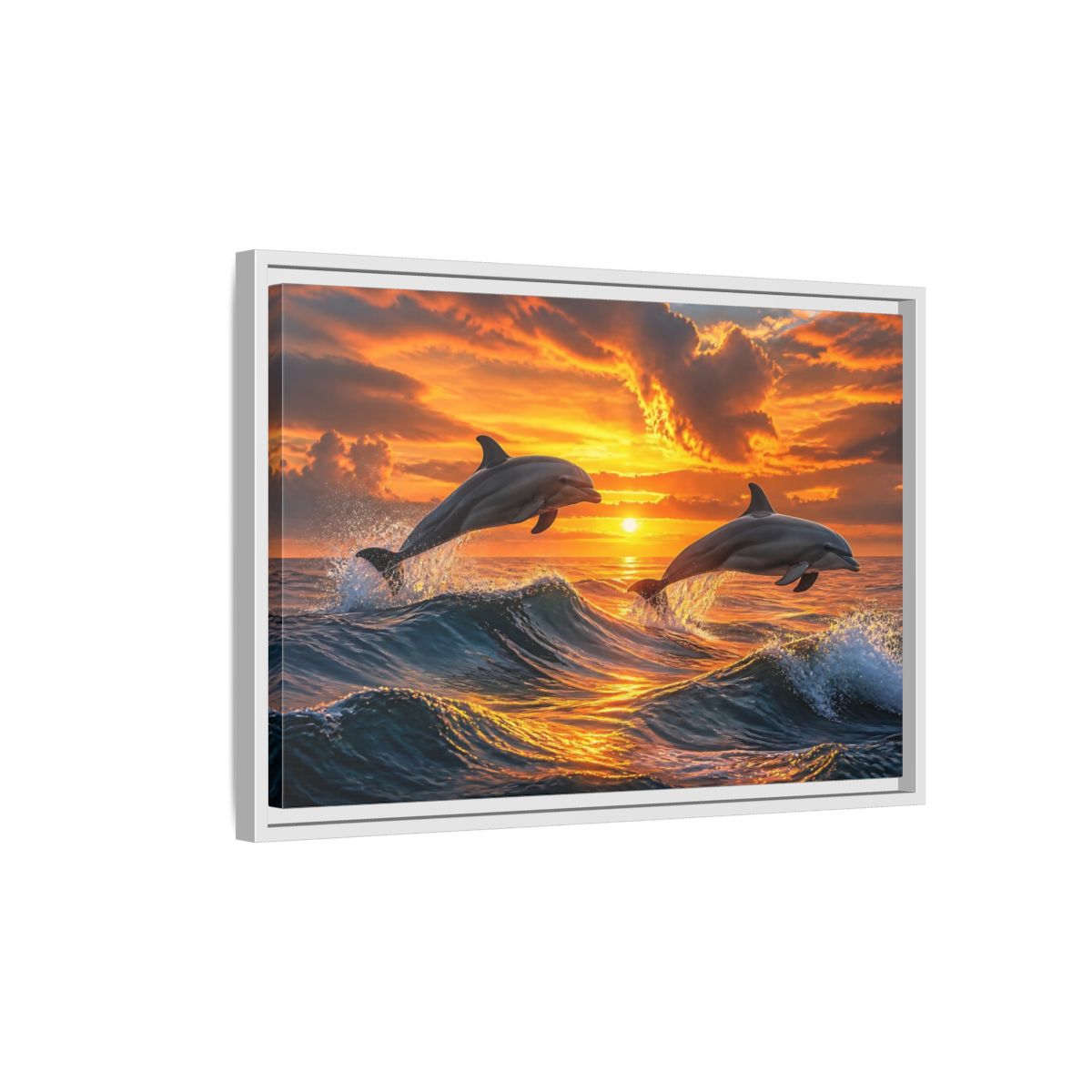 Side Mockup 1. Animals Dolphins Dolphins Sunset shown as stretched canvas wall art
