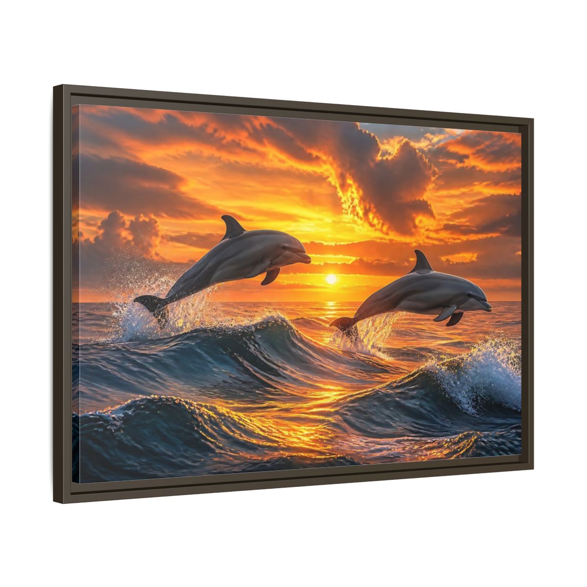 Side Mockup 11. Animals Dolphins Dolphins Sunset shown as stretched canvas wall art
