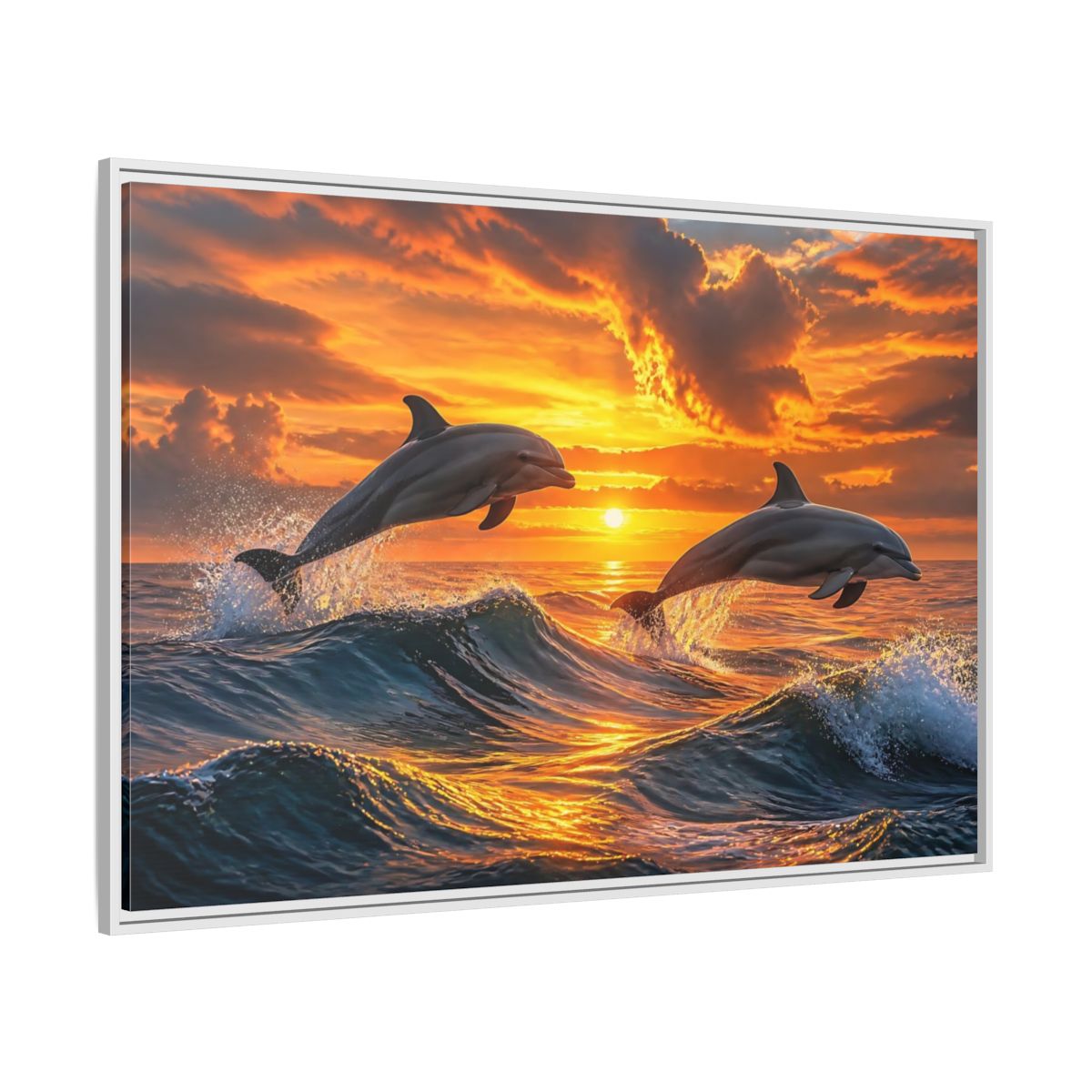 Side Mockup 7. Animals Dolphins Dolphins Sunset shown as stretched canvas wall art