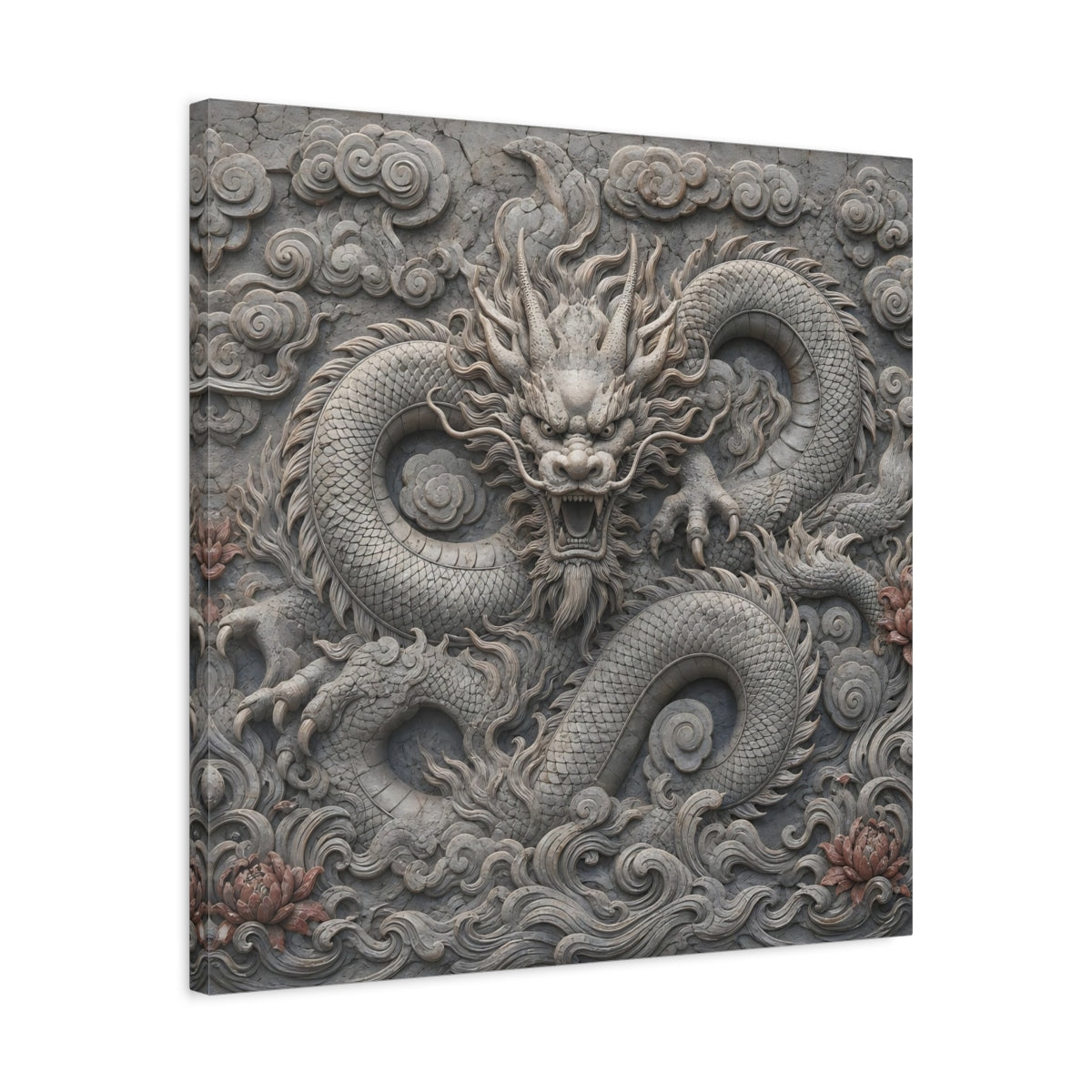 Side Mockup 4. Animals Dragon Carving Stone Dragon shown as stretched canvas wall art