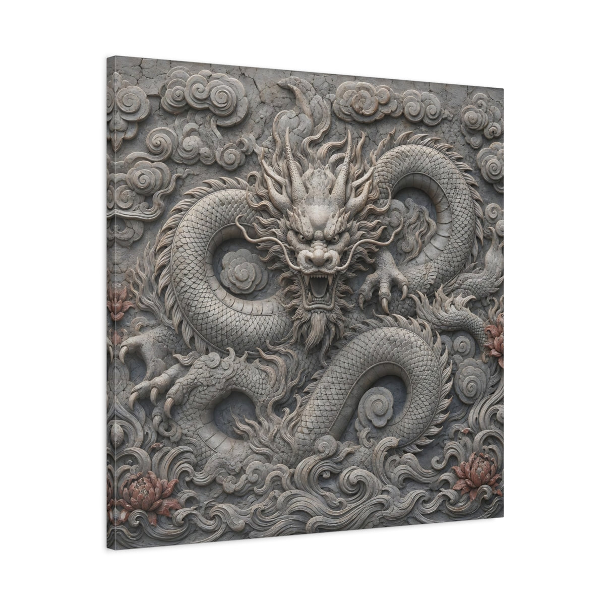 Side Mockup 3. Animals Dragon Carving Stone Dragon shown as stretched canvas wall art