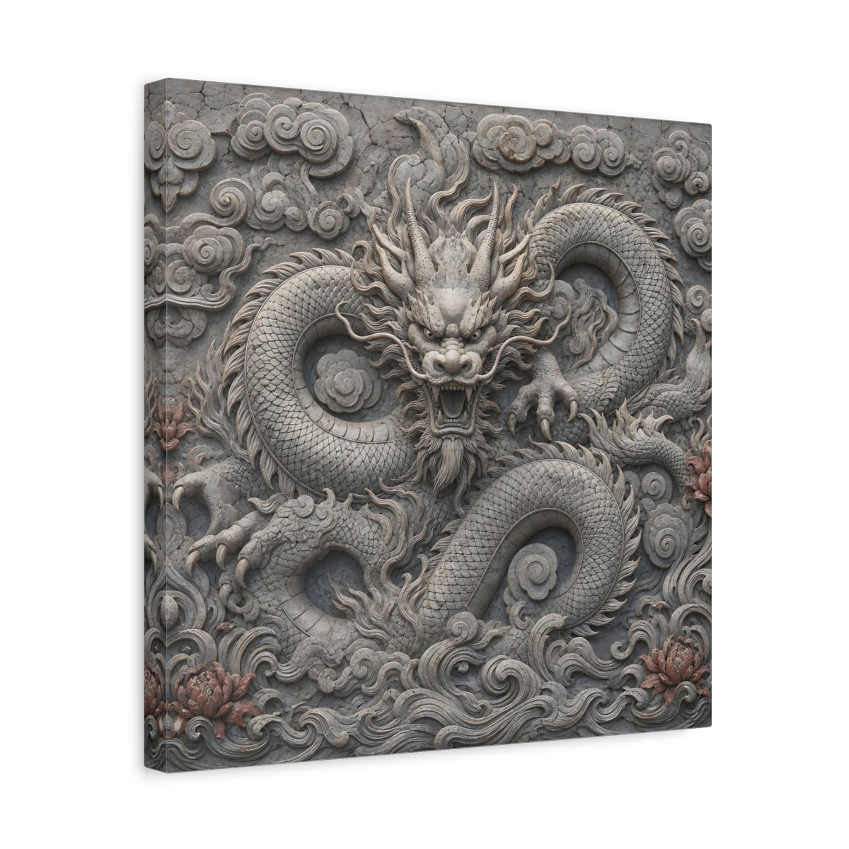 Side Mockup 6. Animals Dragon Carving Stone Dragon shown as stretched canvas wall art