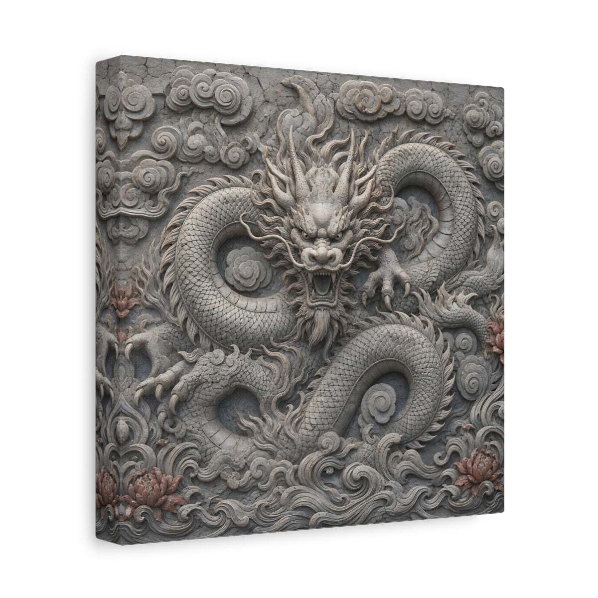 Side Mockup 9. Animals Dragon Carving Stone Dragon shown as stretched canvas wall art
