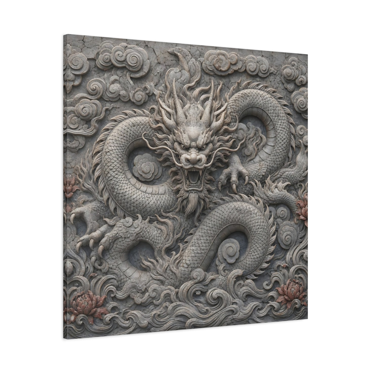 Side Mockup 1. Animals Dragon Carving Stone Dragon shown as stretched canvas wall art