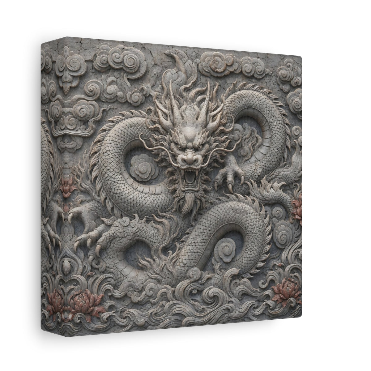 Side Mockup 2. Animals Dragon Carving Stone Dragon shown as stretched canvas wall art