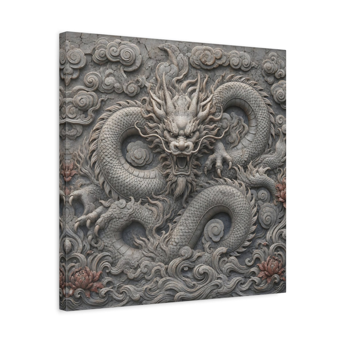 Side Mockup 5. Animals Dragon Carving Stone Dragon shown as stretched canvas wall art