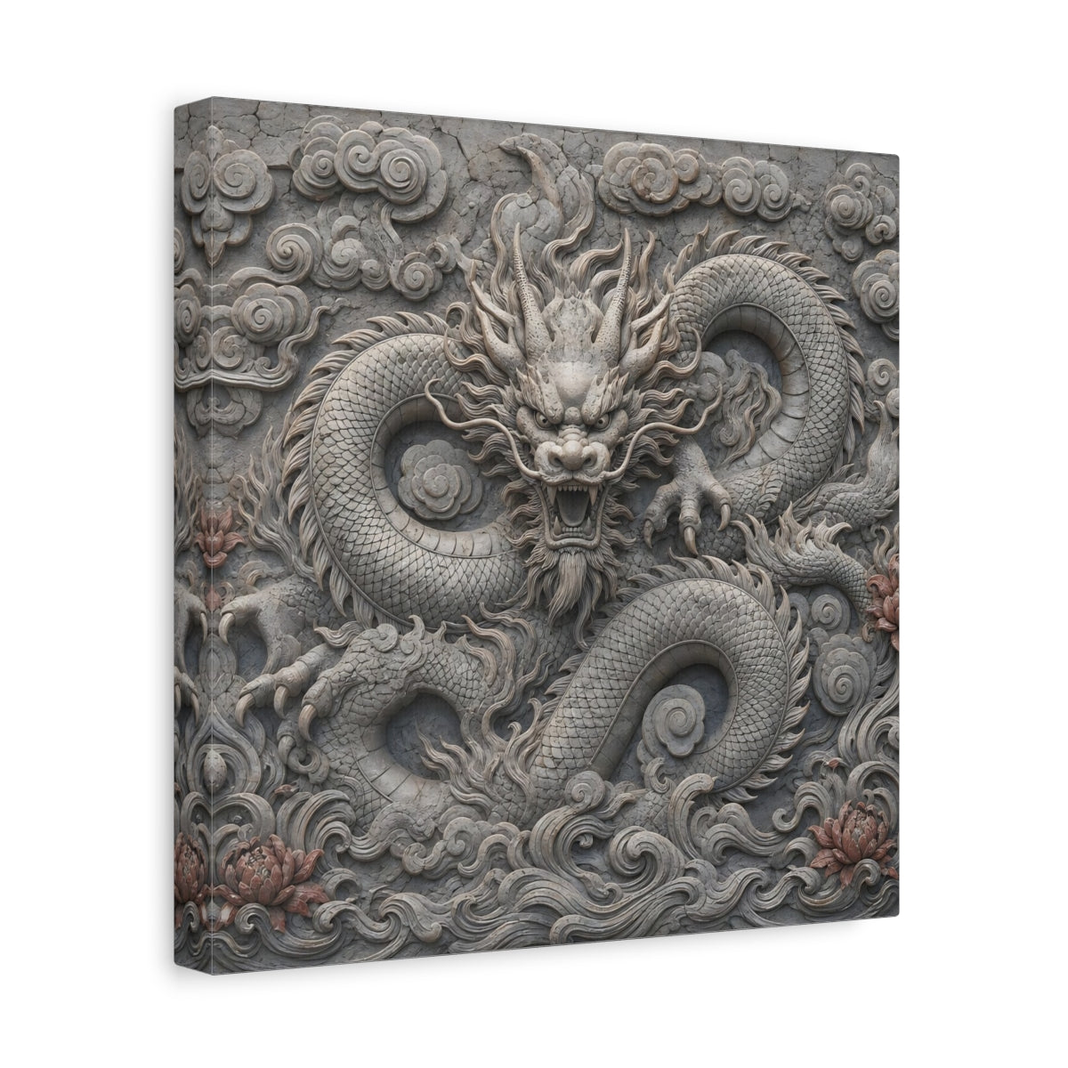 Side Mockup 8. Animals Dragon Carving Stone Dragon shown as stretched canvas wall art