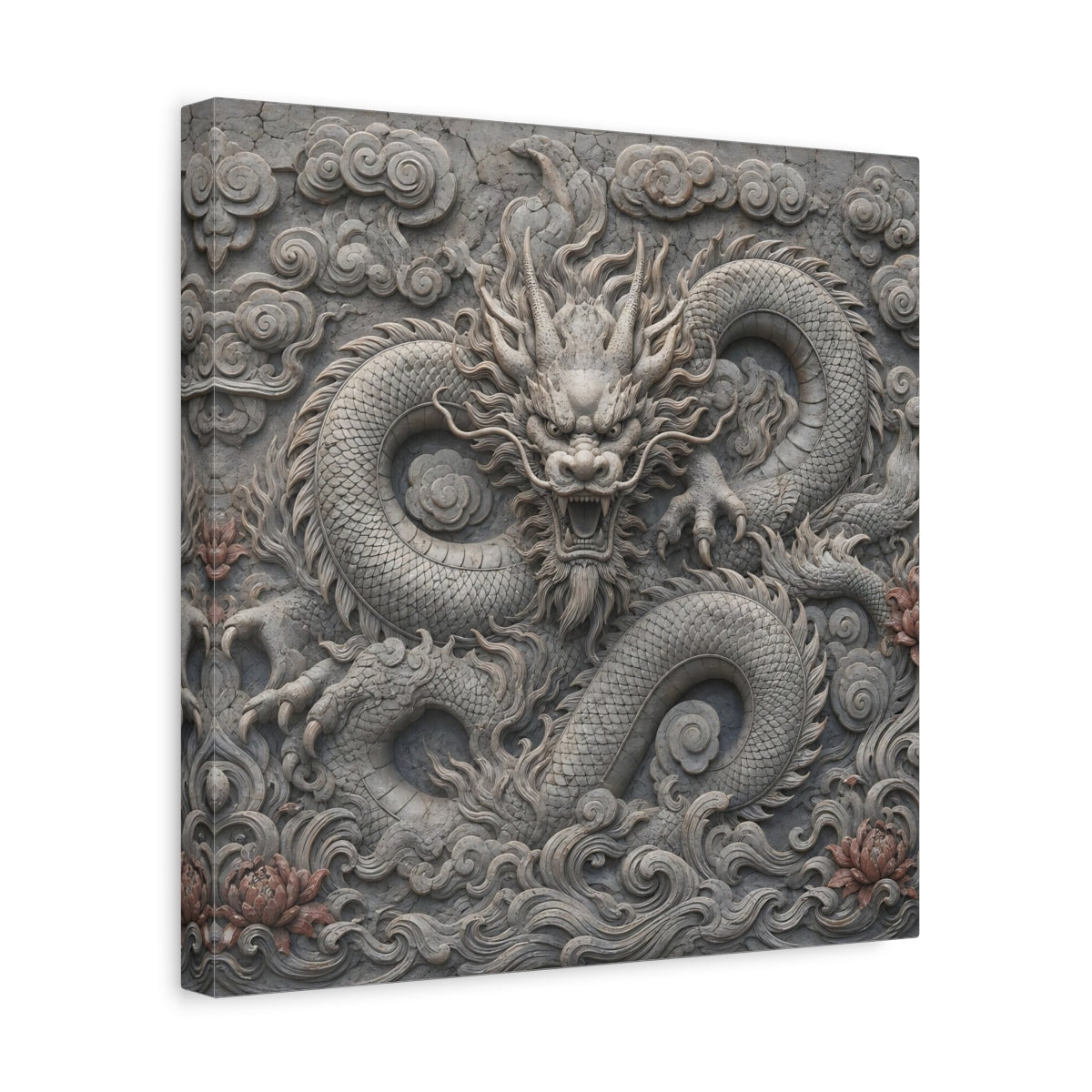 Side Mockup 7. Animals Dragon Carving Stone Dragon shown as stretched canvas wall art
