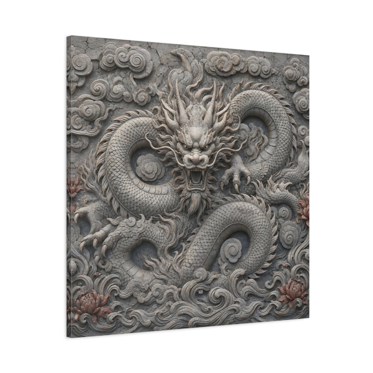 Main Mockup. Animals Dragon Carving Stone Dragon shown as stretched canvas wall art