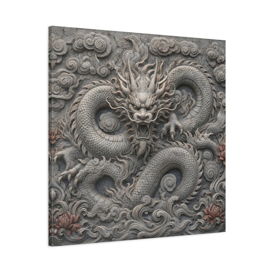 Main Mockup. Animals Dragon Carving Stone Dragon shown as stretched canvas wall art
