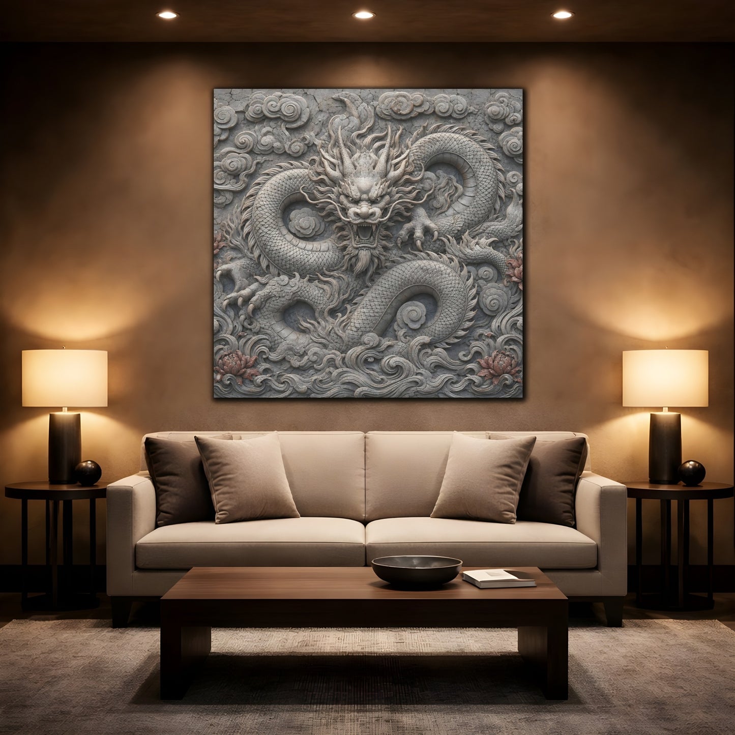 Mockup 2. Animals Dragon Carving Stone Dragon shown as stretched canvas wall art