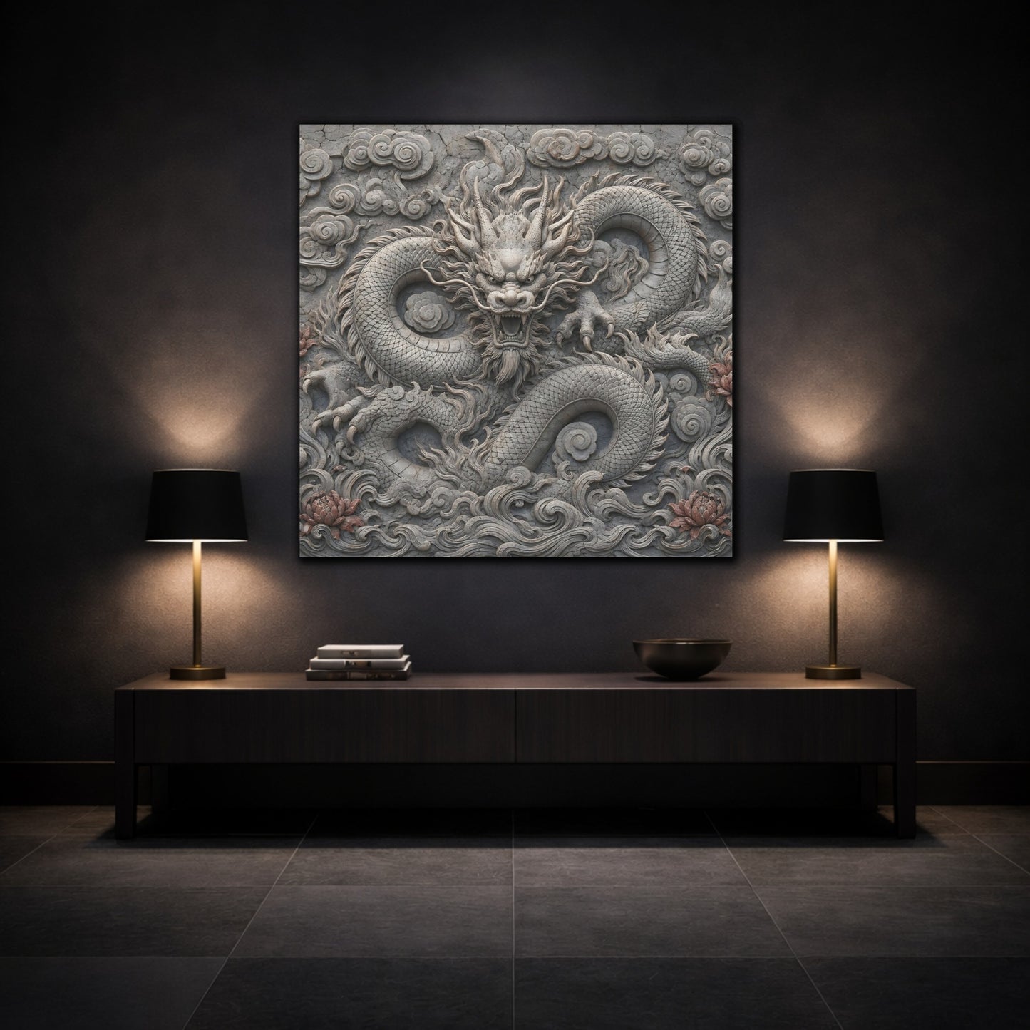 Mockup 3. Animals Dragon Carving Stone Dragon shown as stretched canvas wall art