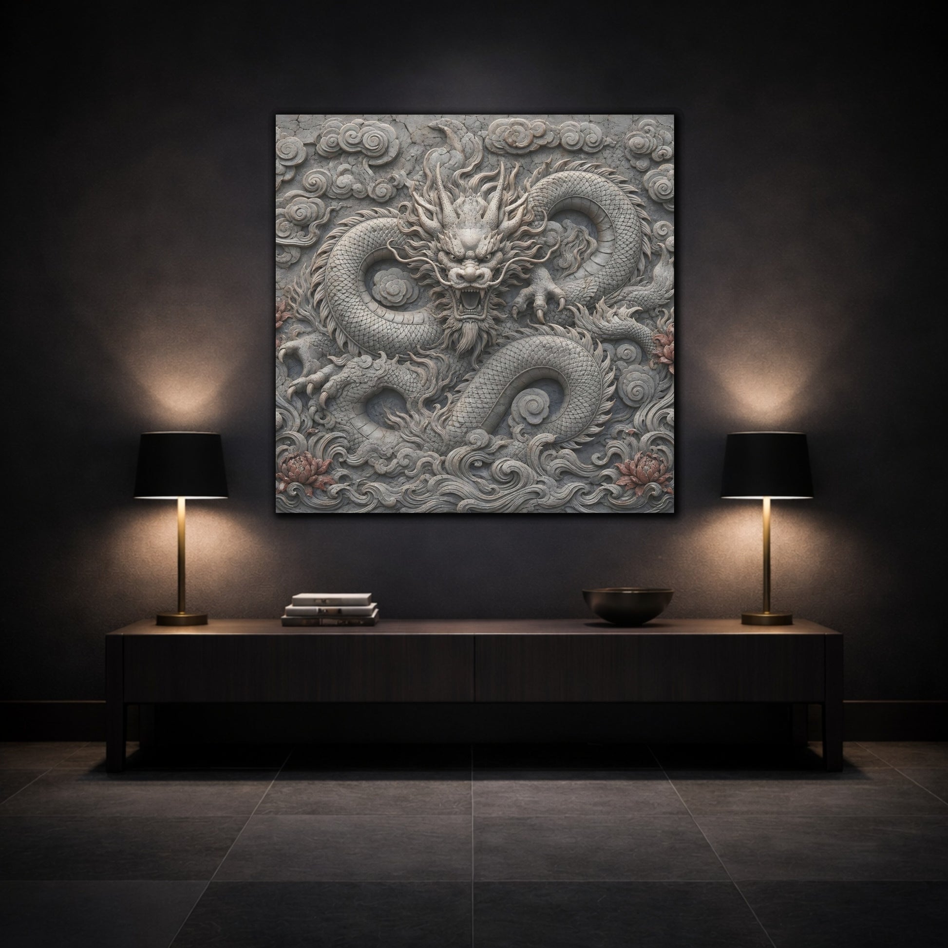 Mockup 3. Animals Dragon Carving Stone Dragon shown as stretched canvas wall art