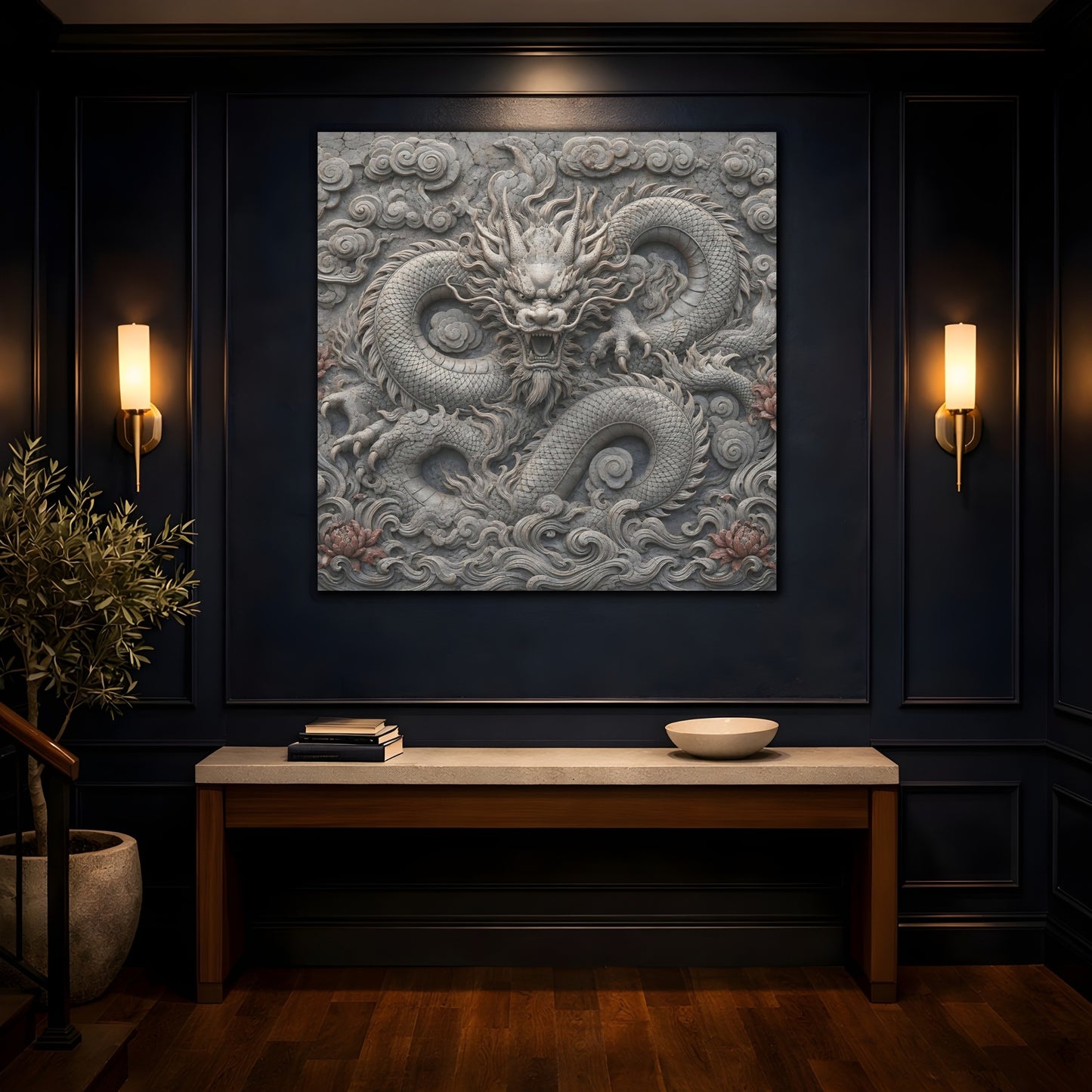 Mockup 4. Animals Dragon Carving Stone Dragon shown as stretched canvas wall art