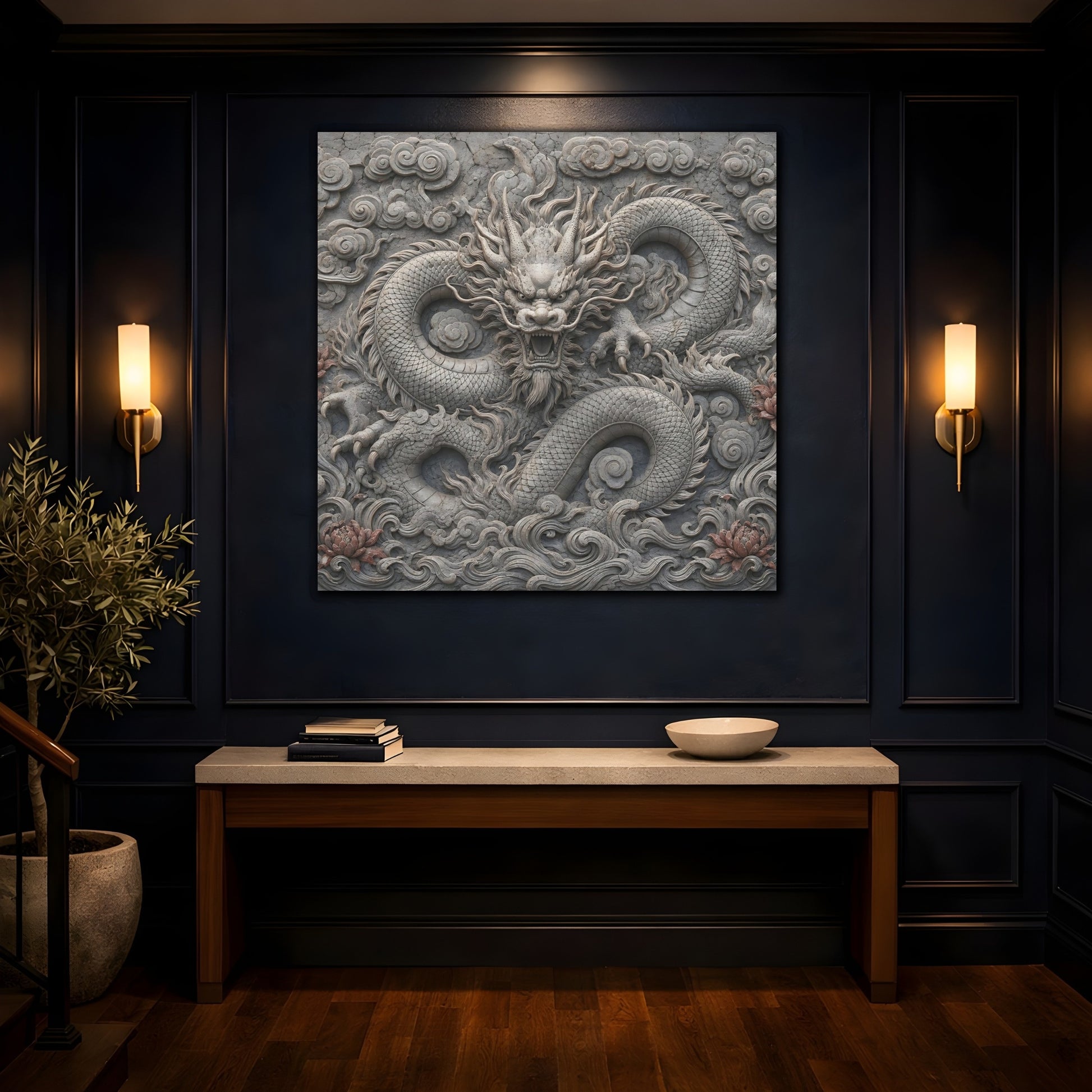 Mockup 4. Animals Dragon Carving Stone Dragon shown as stretched canvas wall art
