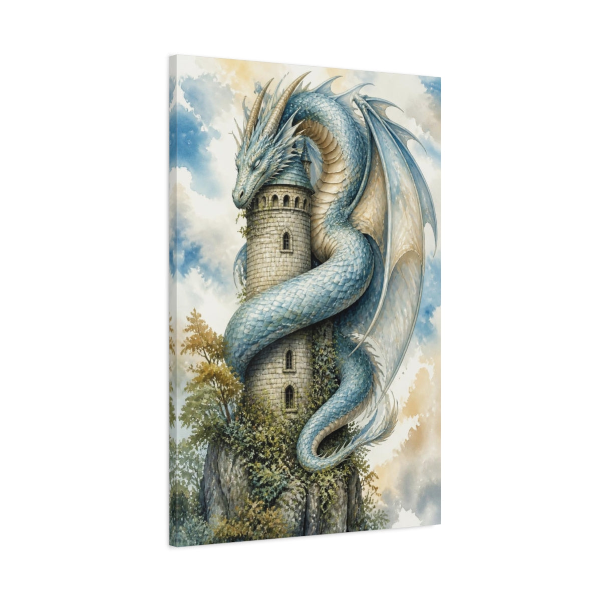 Main Mockup. Animals Dragon Curled Around Tower shown as canvas print