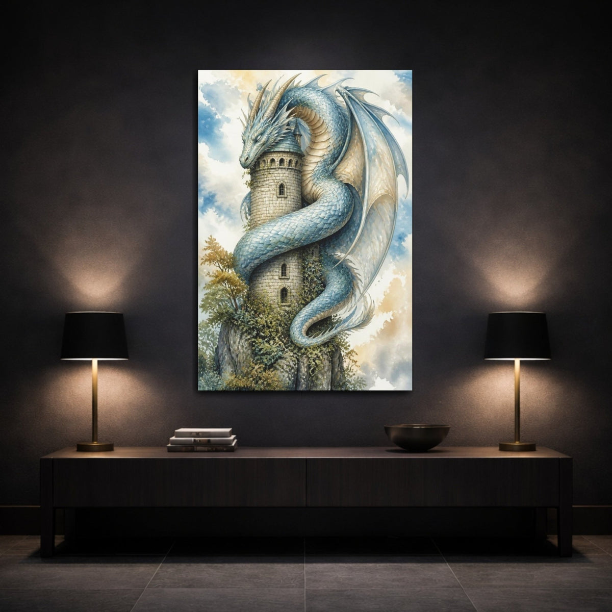 Animals Dragon Curled Around Tower Canvas Print – Kids Room, Above Crib - YesArtYes