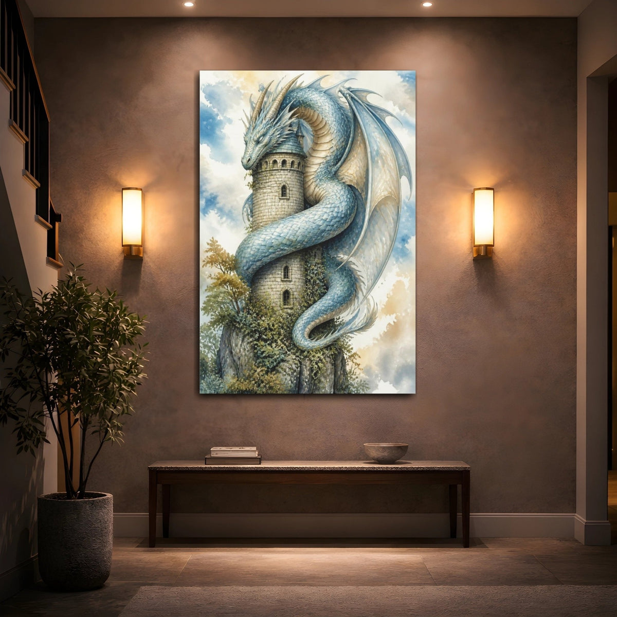 Animals Dragon Curled Around Tower Canvas Print – Kids Room, Above Crib - YesArtYes