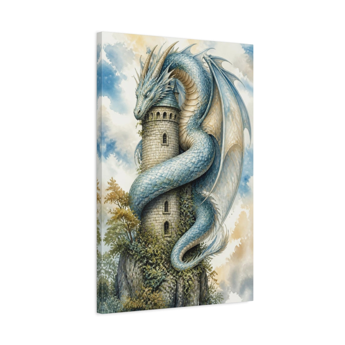 Side Mockup 2. Animals Dragon Curled Around Tower shown as canvas print