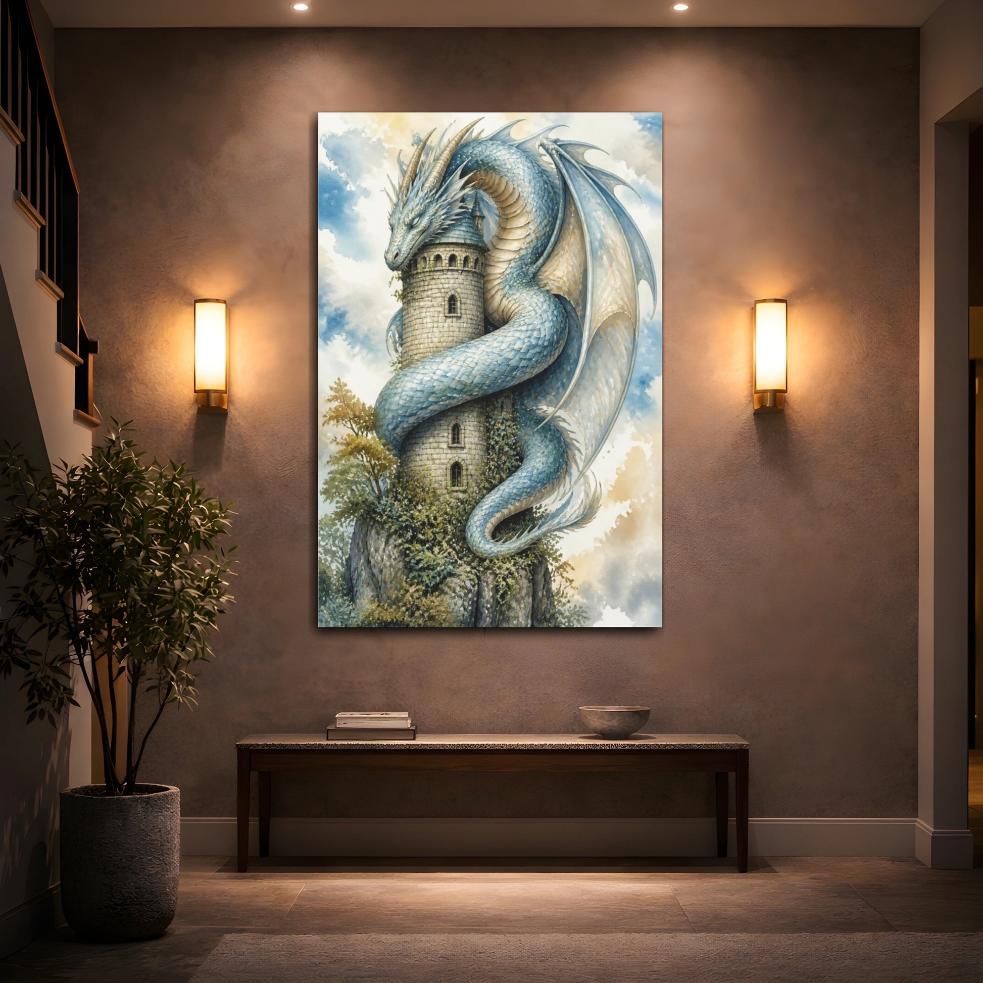 Mockup 2. Animals Dragon Curled Around Tower shown as canvas print
