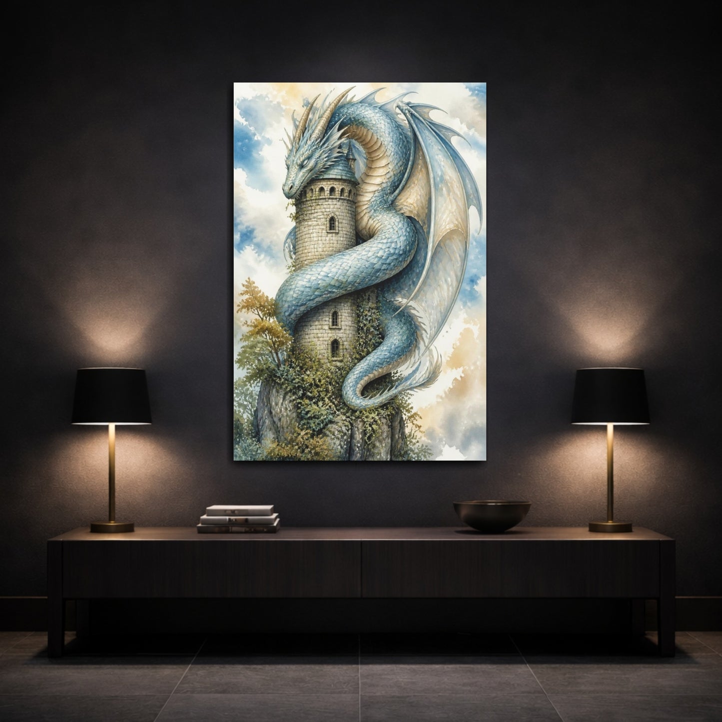 Mockup 3. Animals Dragon Curled Around Tower shown as canvas print