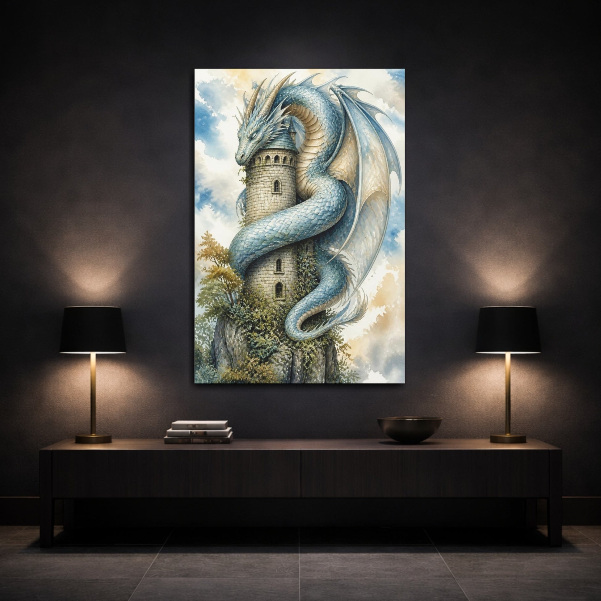 Mockup 3. Animals Dragon Curled Around Tower shown as canvas print