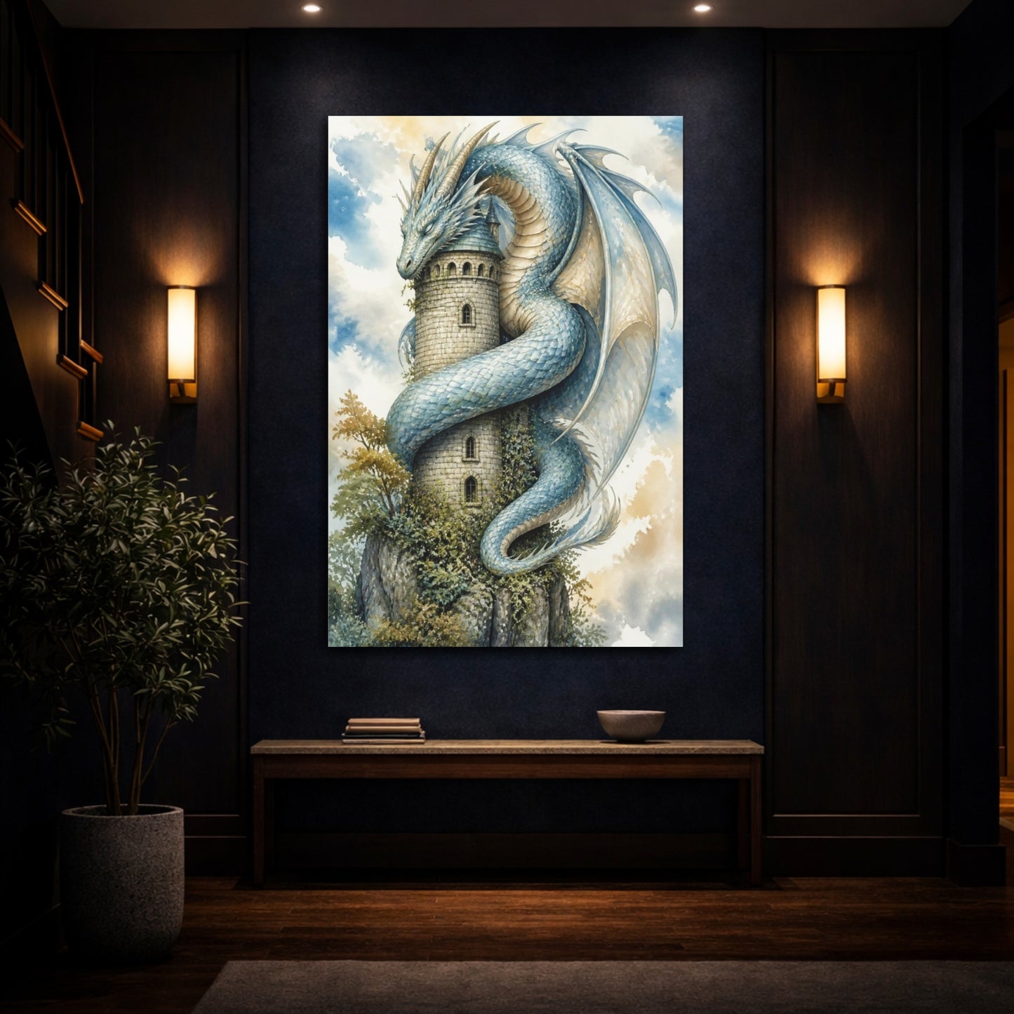 Mockup 4. Animals Dragon Curled Around Tower shown as canvas print