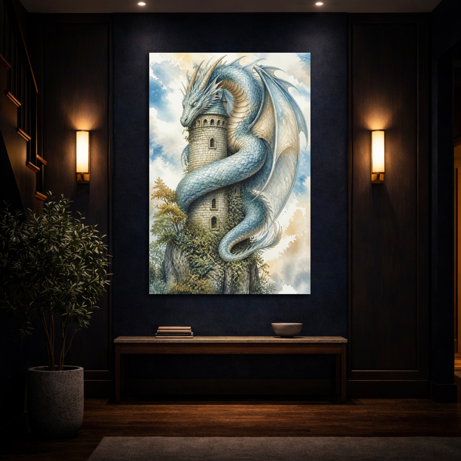 Mockup 4. Animals Dragon Curled Around Tower shown as canvas print