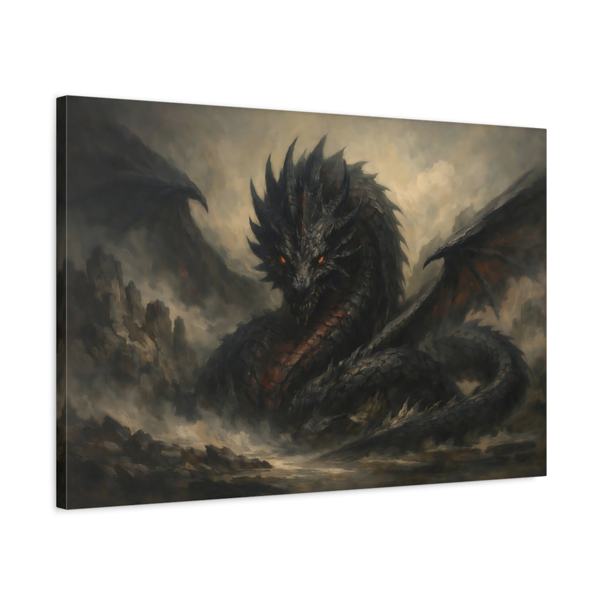 Side Mockup 2. Animals Dragon Dark Fantasy Dragon shown as stretched canvas wall art