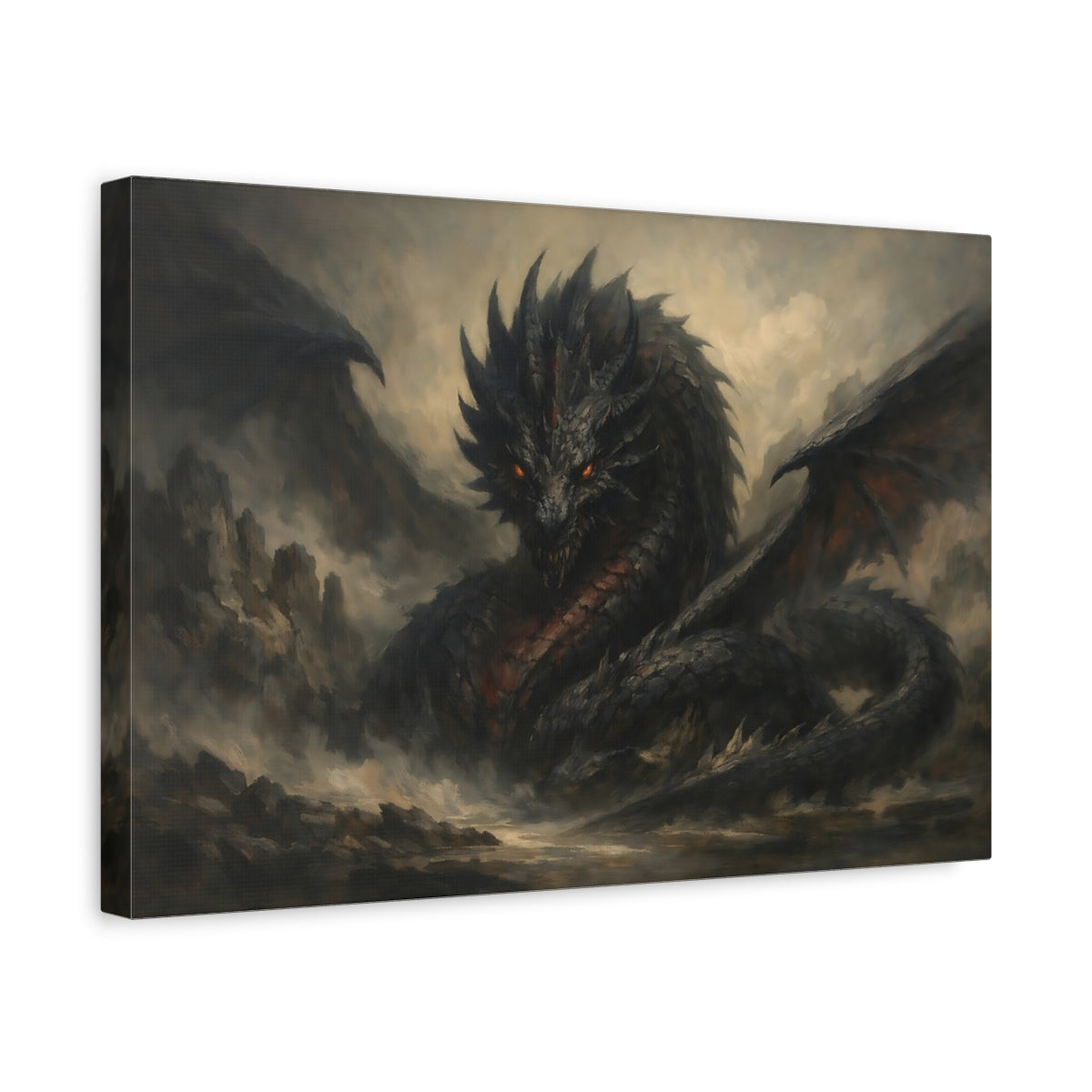 Side Mockup 4. Animals Dragon Dark Fantasy Dragon shown as stretched canvas wall art