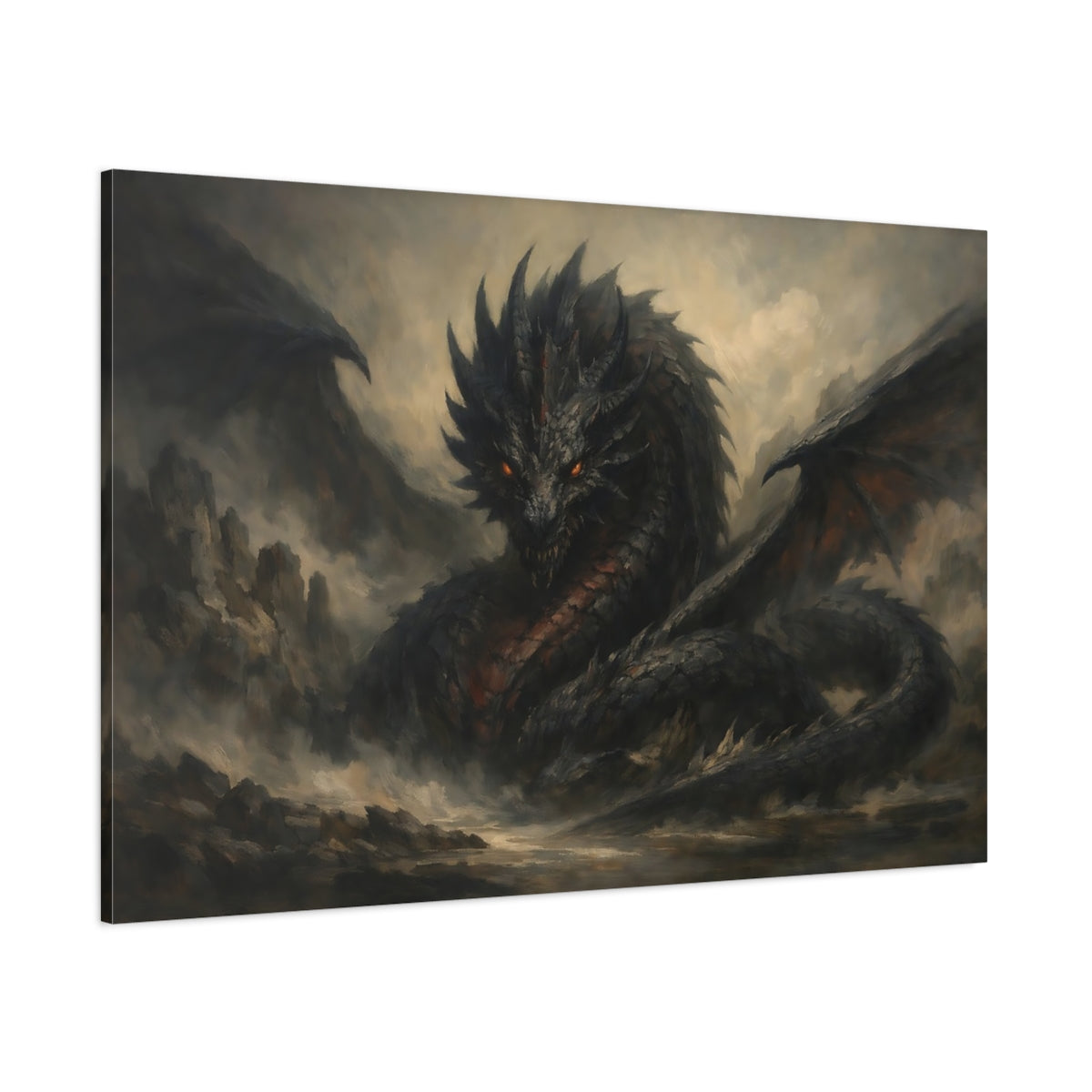 Main Mockup. Animals Dragon Dark Fantasy Dragon shown as stretched canvas wall art