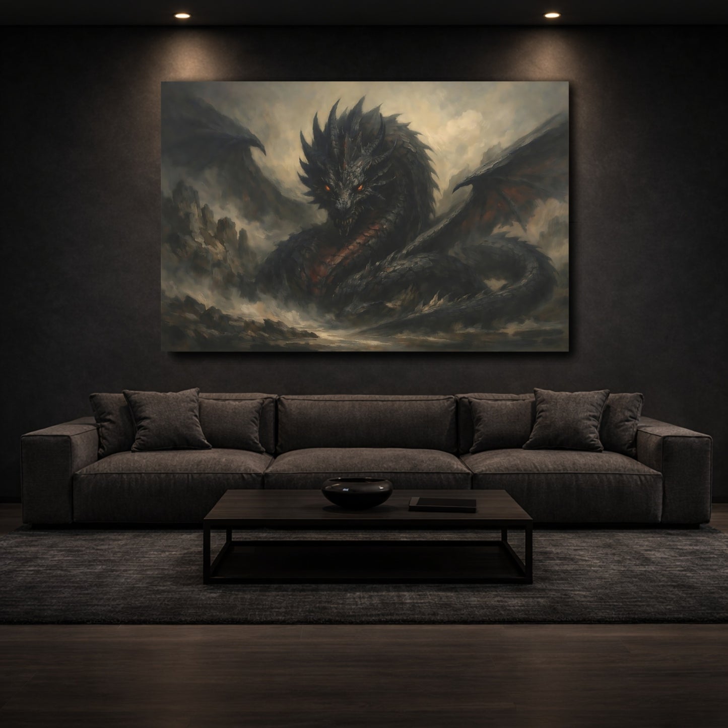 Mockup 2. Animals Dragon Dark Fantasy Dragon shown as stretched canvas wall art