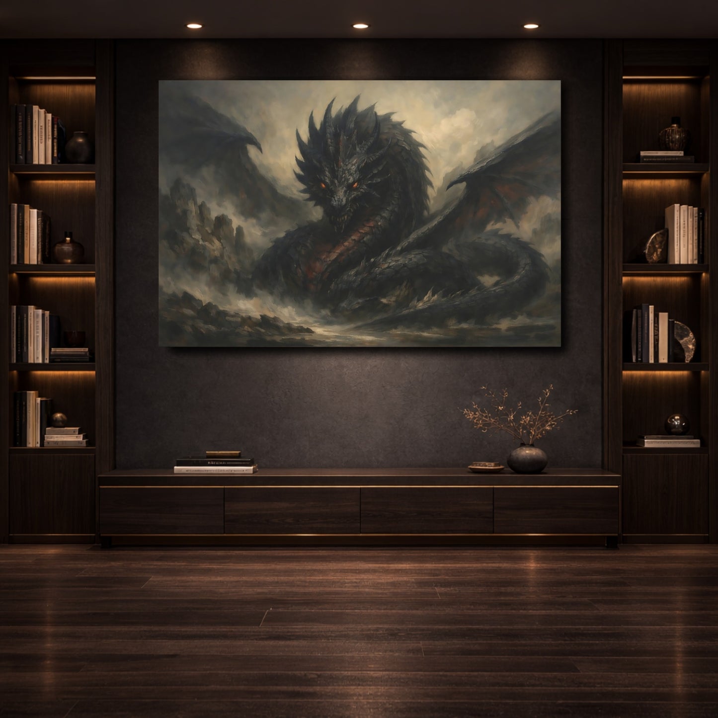 Mockup 3. Animals Dragon Dark Fantasy Dragon shown as stretched canvas wall art