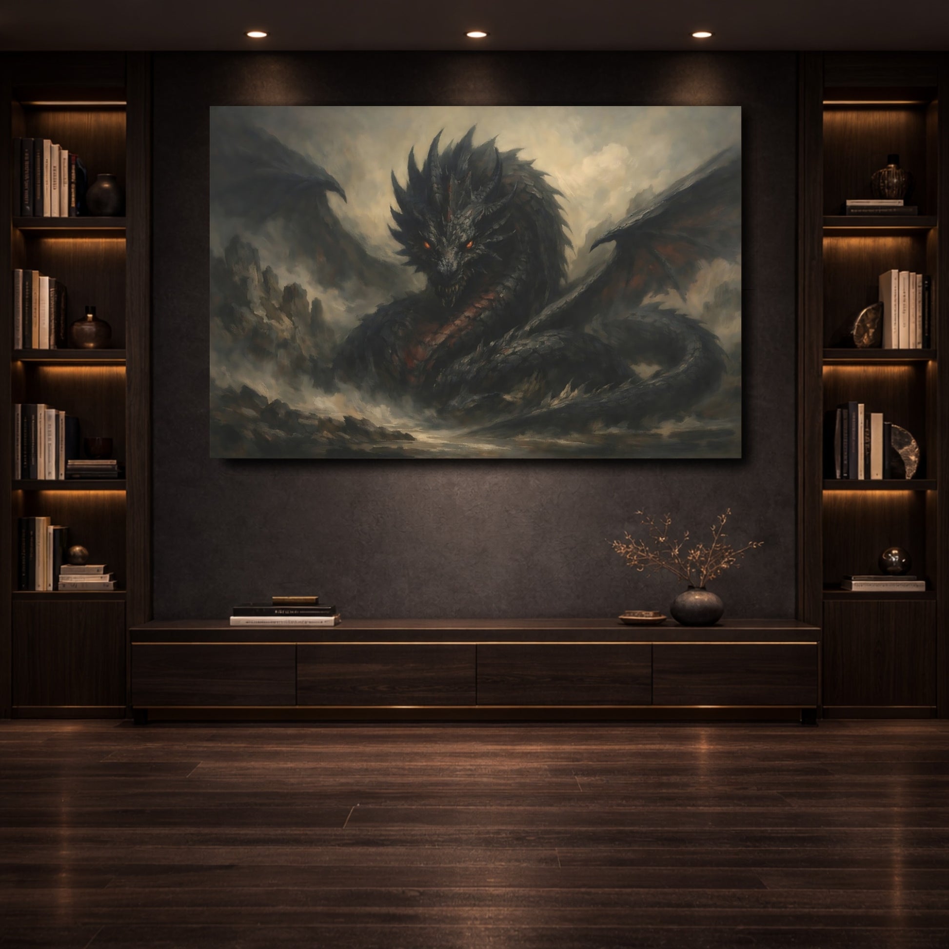Mockup 3. Animals Dragon Dark Fantasy Dragon shown as stretched canvas wall art