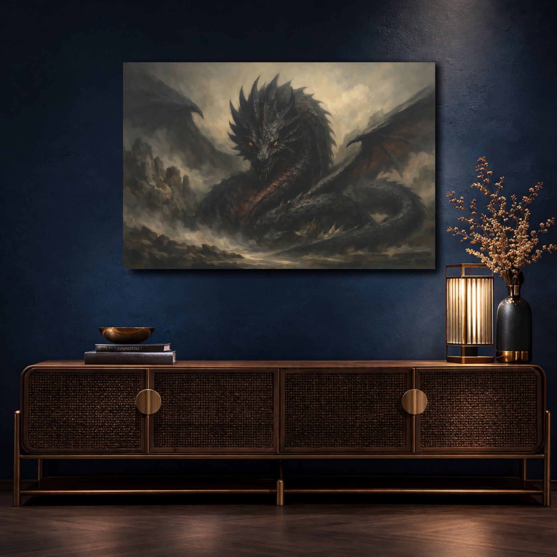 Mockup 4. Animals Dragon Dark Fantasy Dragon shown as stretched canvas wall art