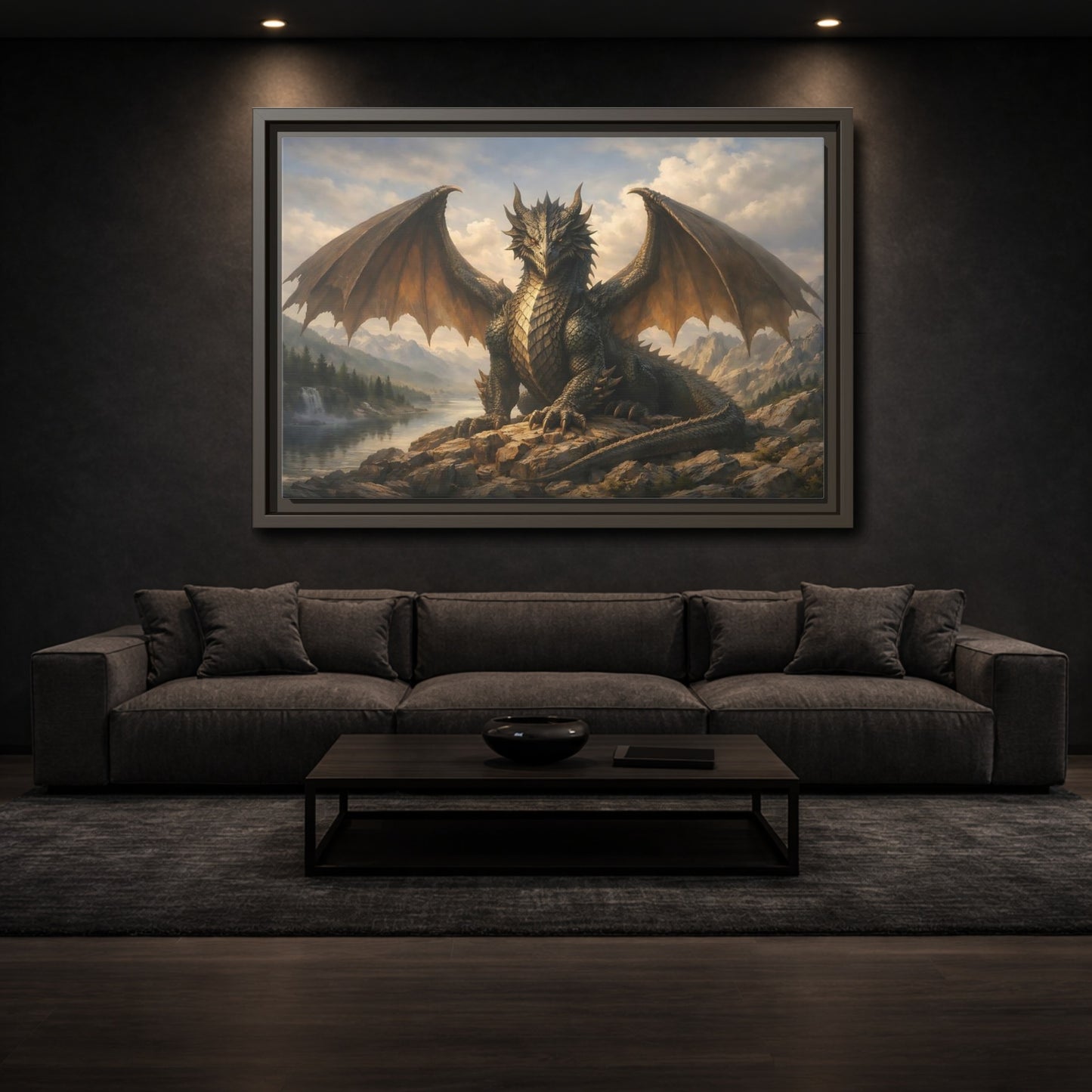 Mockup 2. Animals Dragon Grey Dragon shown as stretched canvas wall art