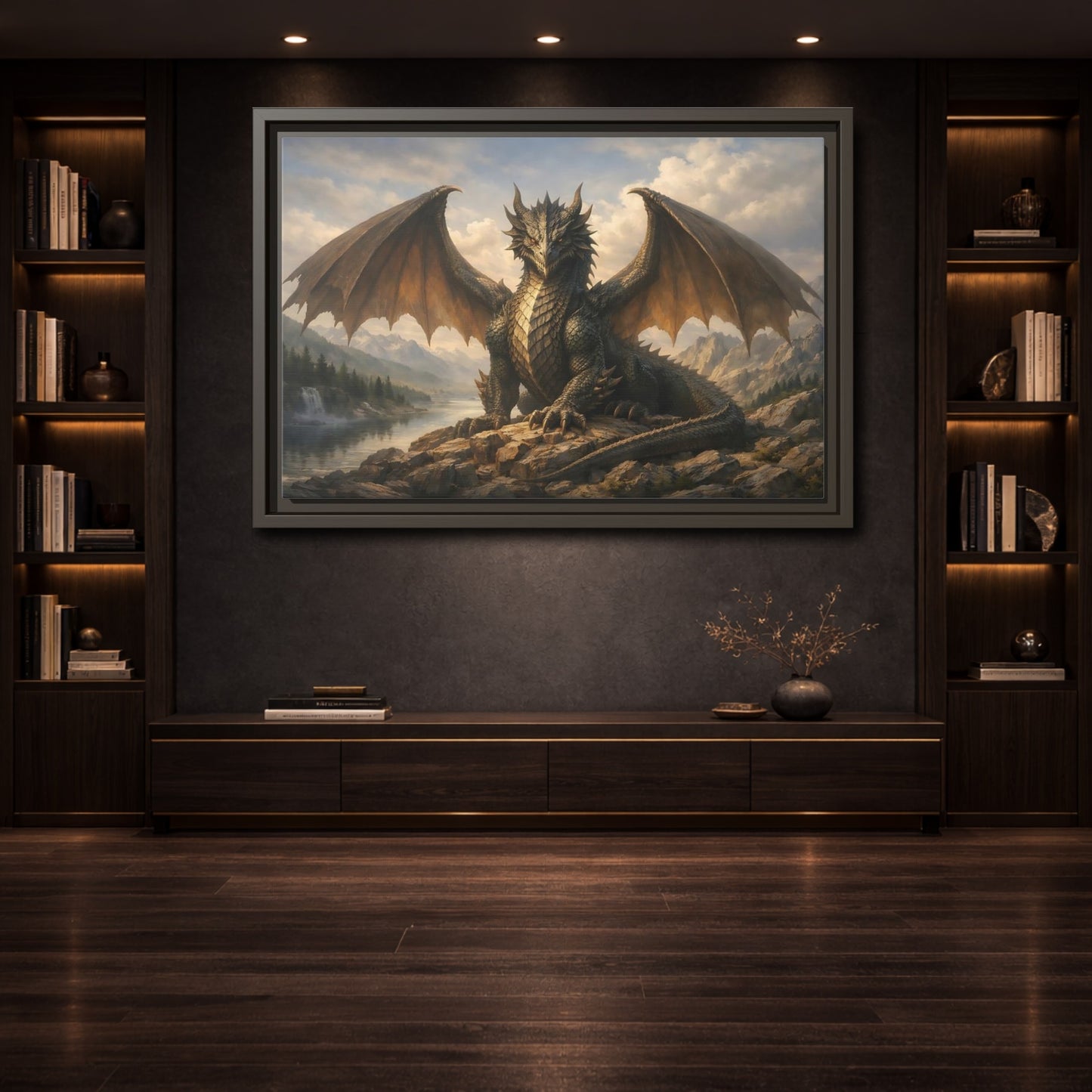 Mockup 3. Animals Dragon Grey Dragon shown as stretched canvas wall art