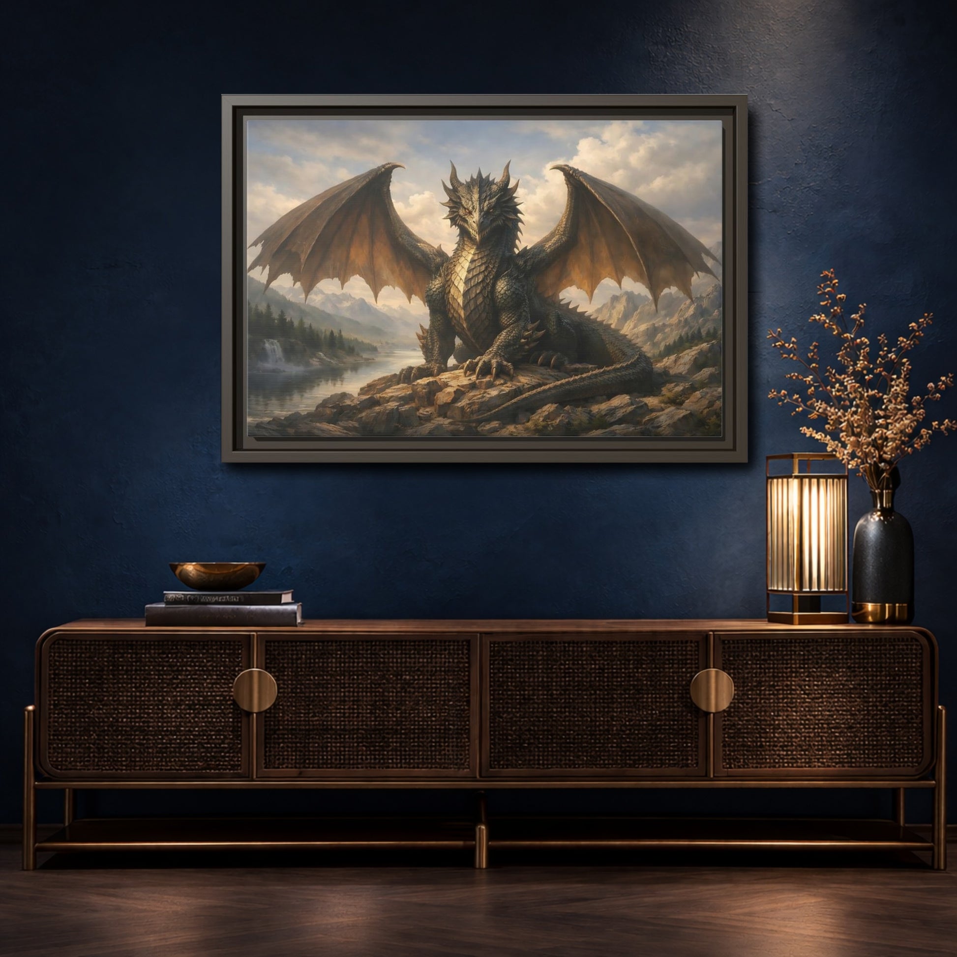 Mockup 4. Animals Dragon Grey Dragon shown as stretched canvas wall art