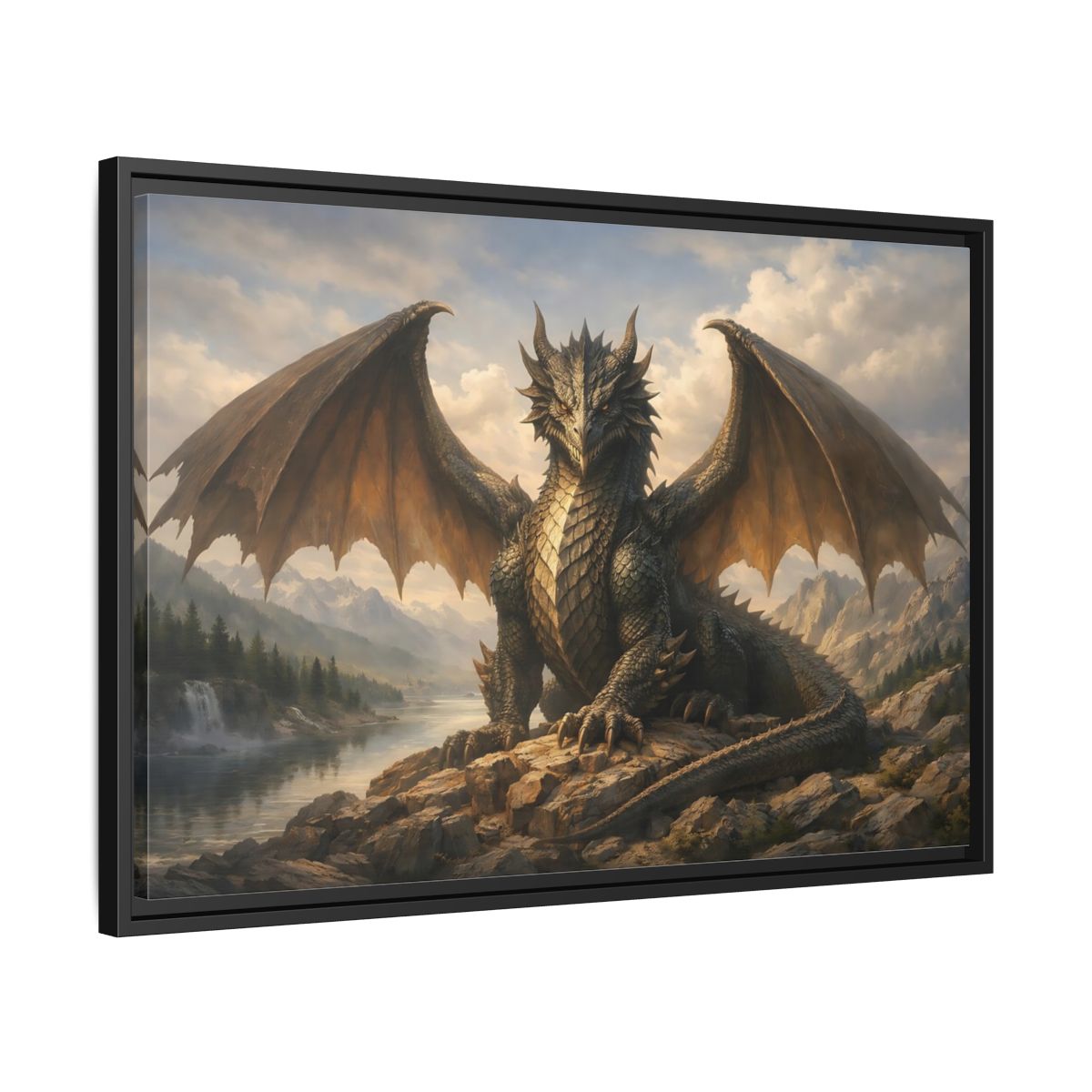 Side Mockup 14. Animals Dragon Grey Dragon shown as stretched canvas wall art
