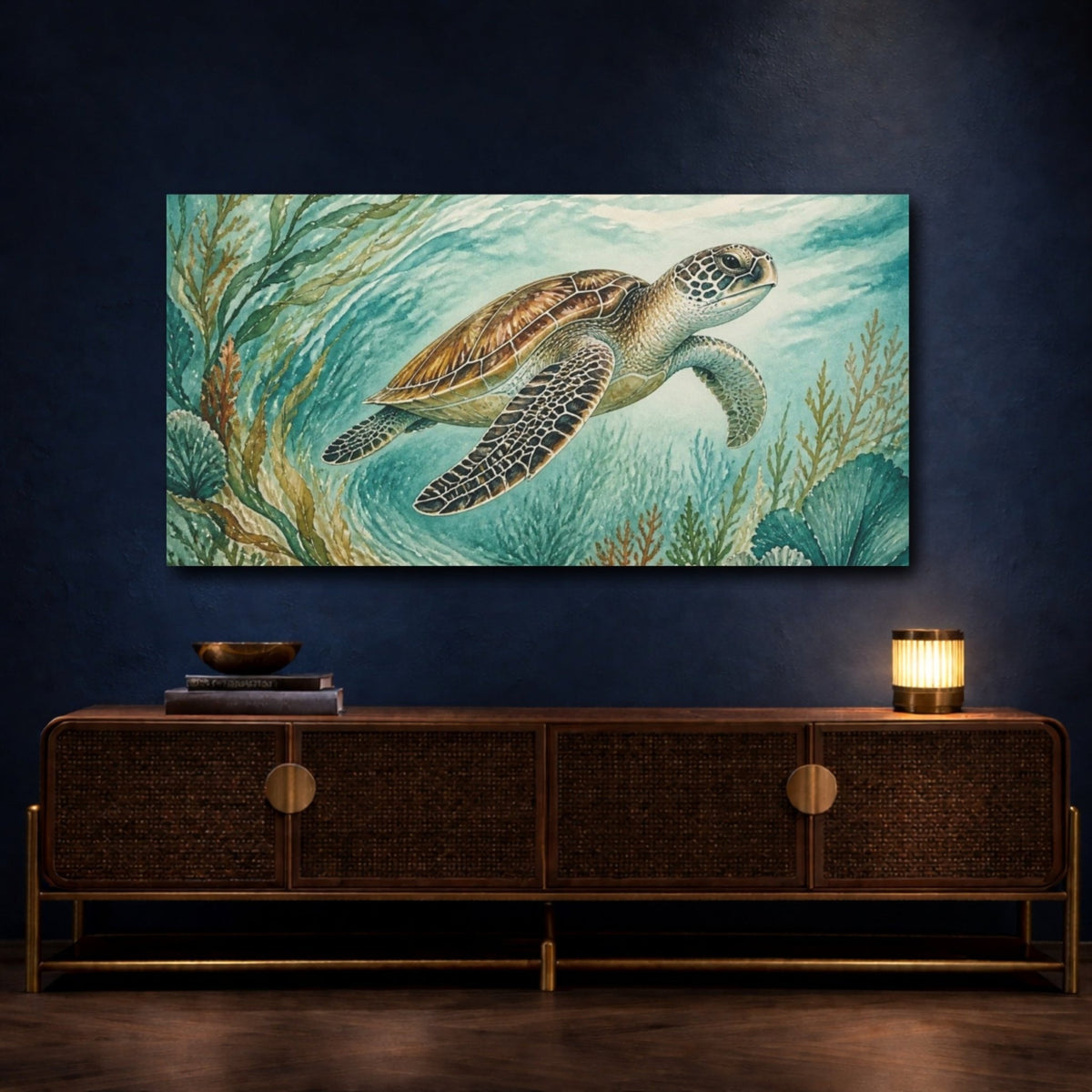 Animals Drifting Sea Turtle Canvas Print – Living Room, Above Sofa, Turquoise - YesArtYes