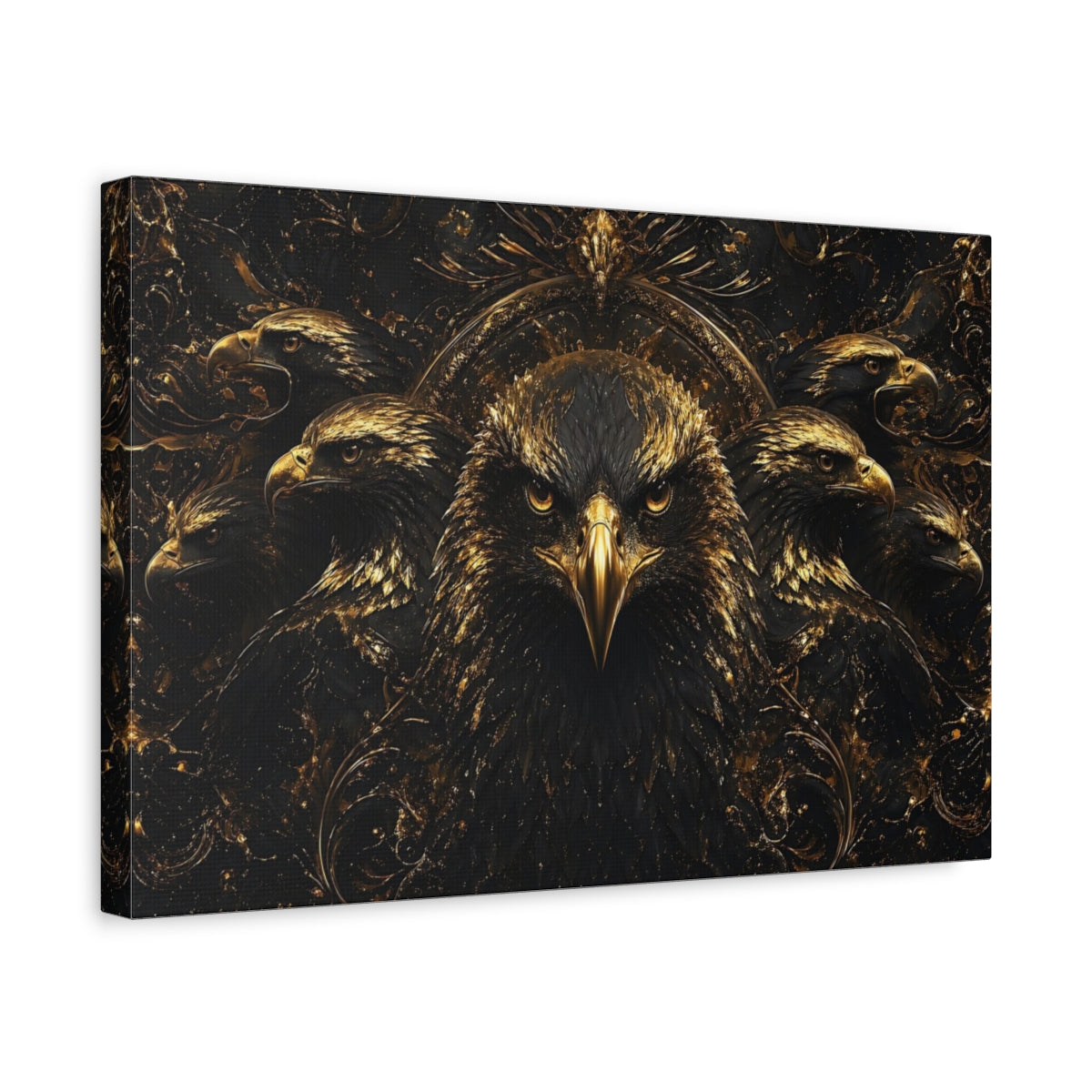Side Mockup 4. Animals Eagle Black And Gold shown as stretched canvas wall art