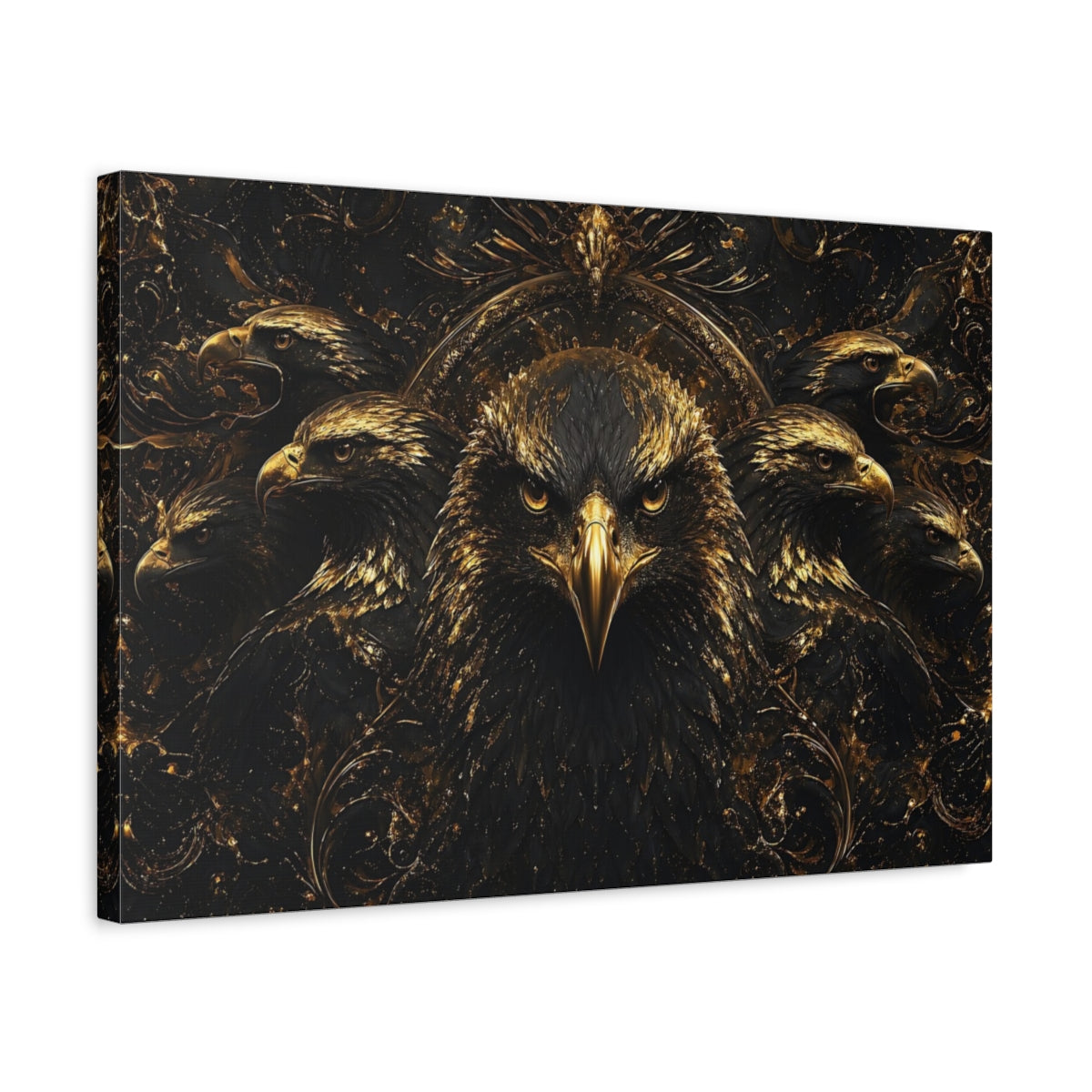 Side Mockup 3. Animals Eagle Black And Gold shown as stretched canvas wall art