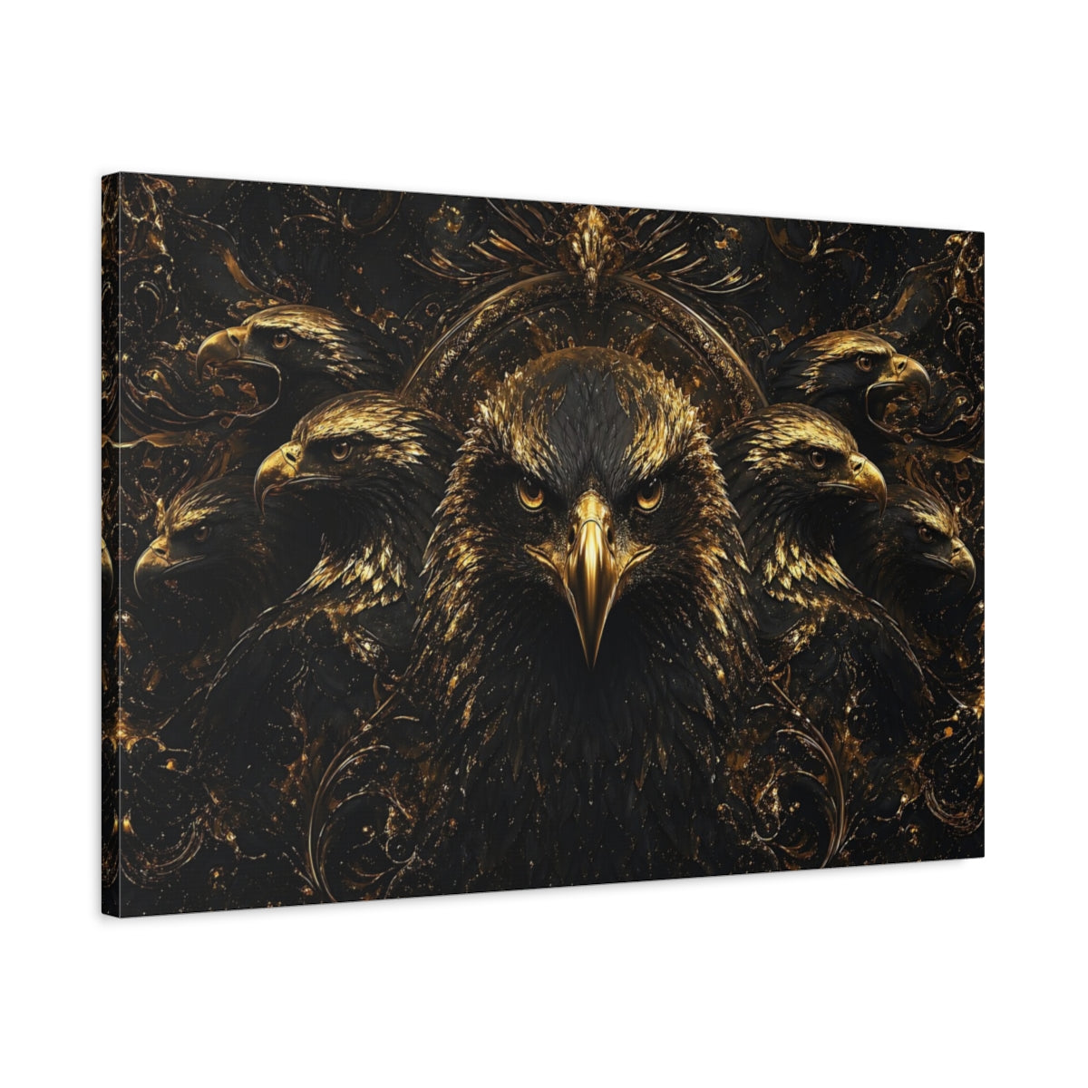 Side Mockup 2. Animals Eagle Black And Gold shown as stretched canvas wall art