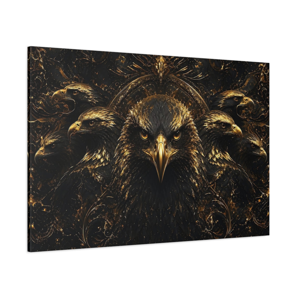 Side Mockup 1. Animals Eagle Black And Gold shown as stretched canvas wall art
