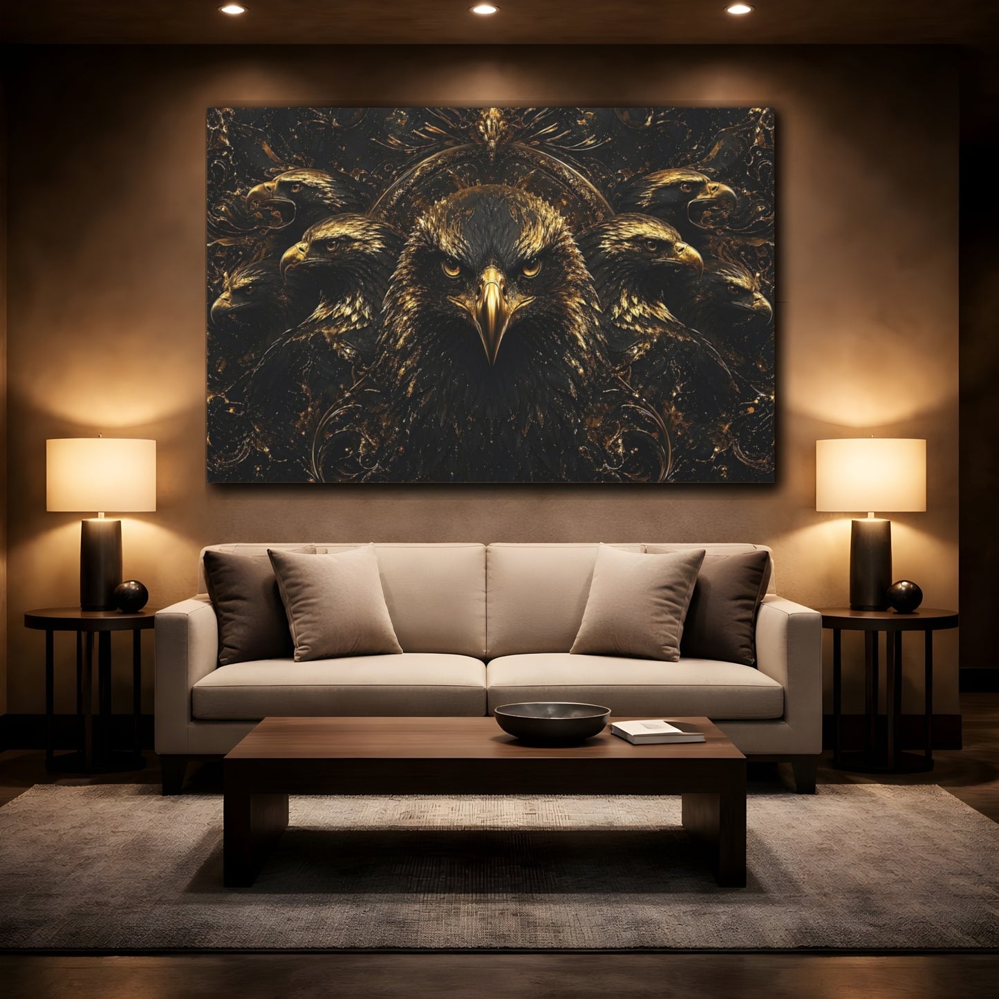 Mockup 2. Animals Eagle Black And Gold shown as stretched canvas wall art