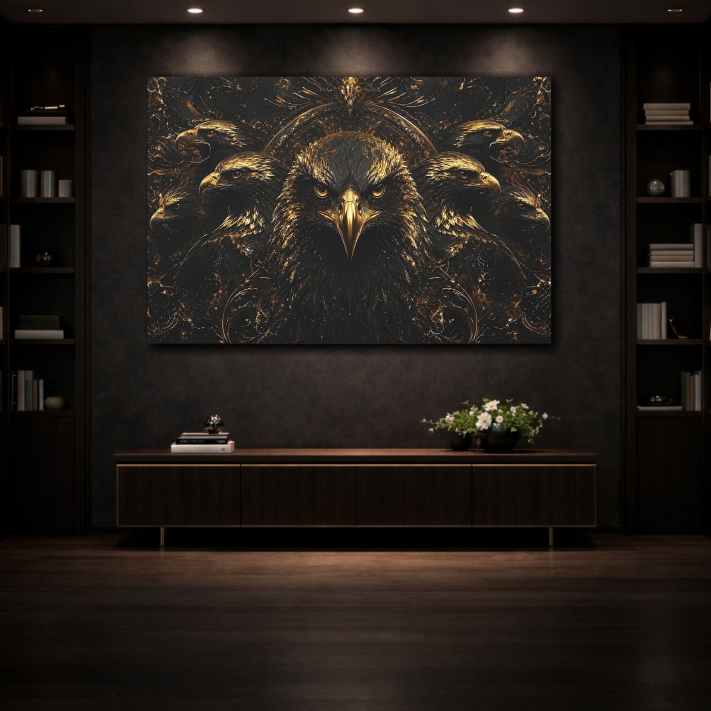 Mockup 3. Animals Eagle Black And Gold shown as stretched canvas wall art