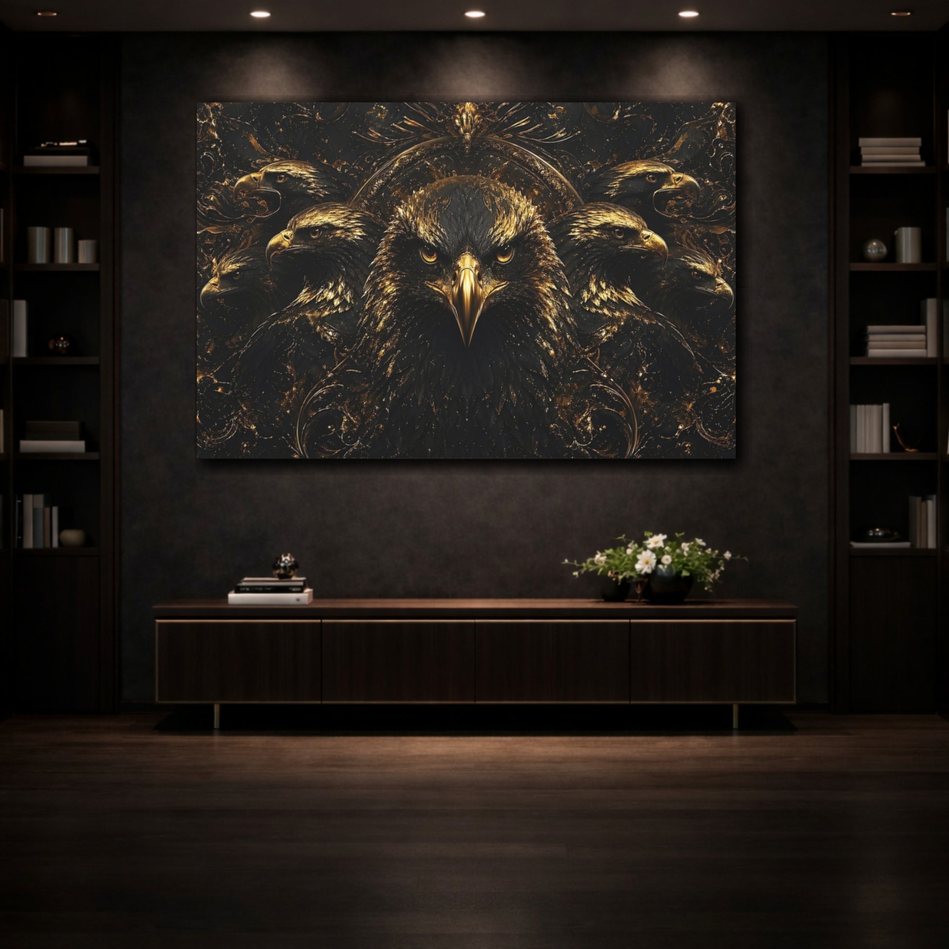 Mockup 3. Animals Eagle Black And Gold shown as stretched canvas wall art
